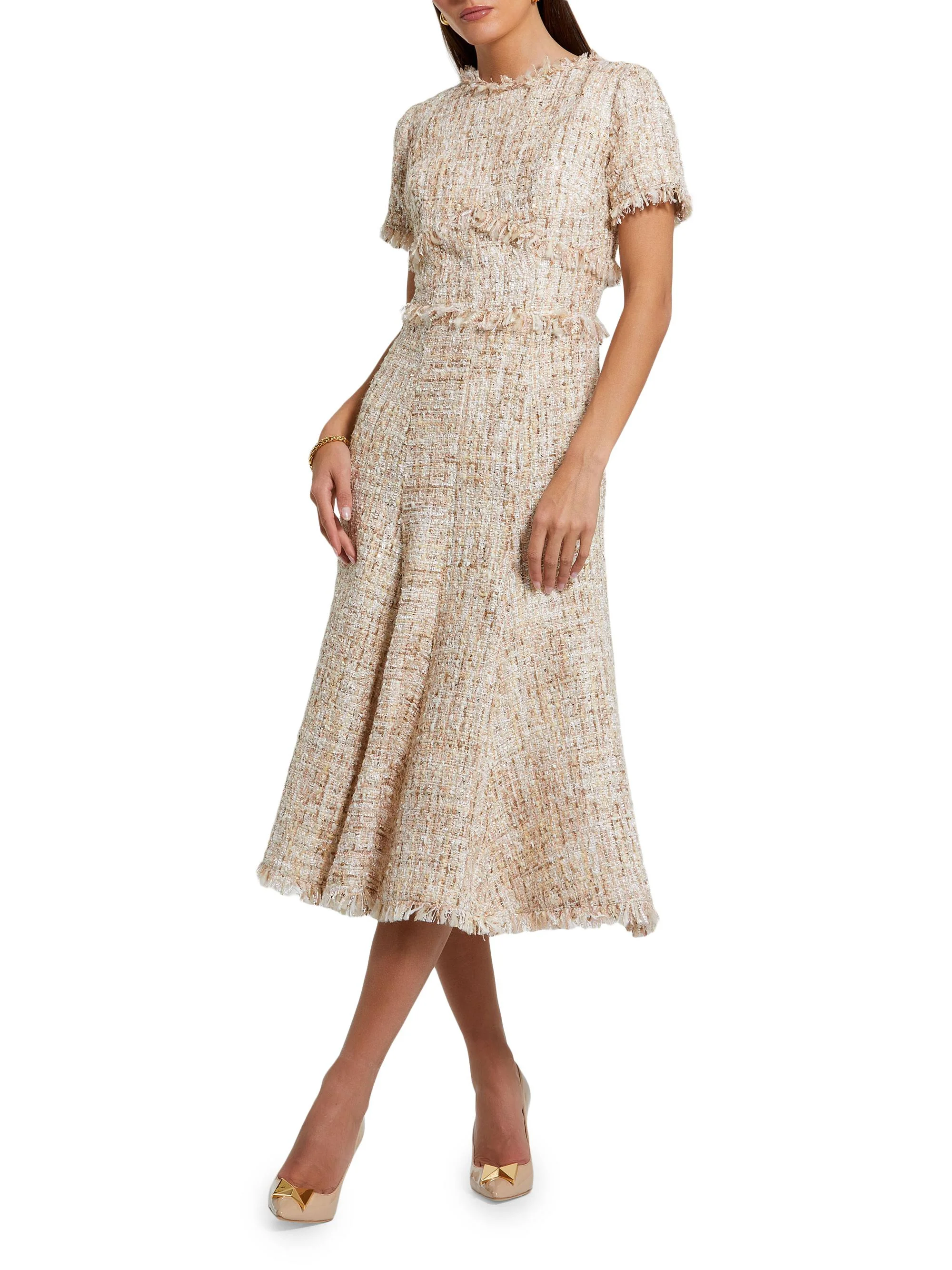 Women's Bouclé Tweed A-Line Midi-Dress - Blush - 1