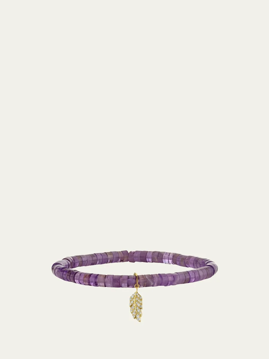 14K Gold Diamond Tiny Pave Feather on Amethyst Heishi Bracelet - 1