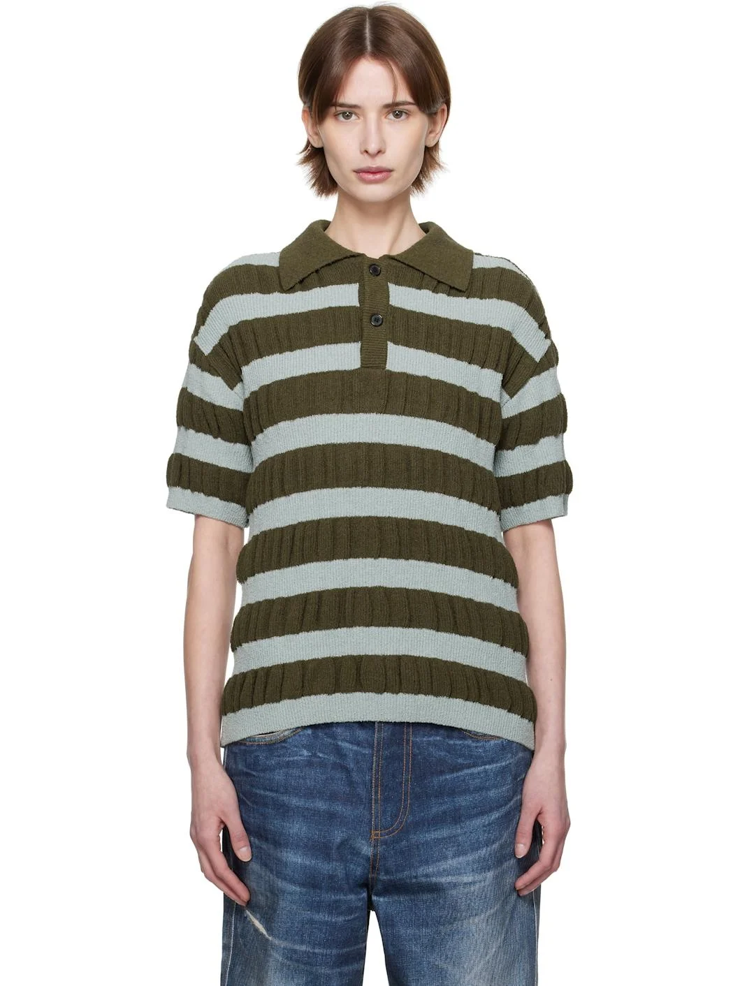 Blue & Khaki Bubble Stripe Polo - 1