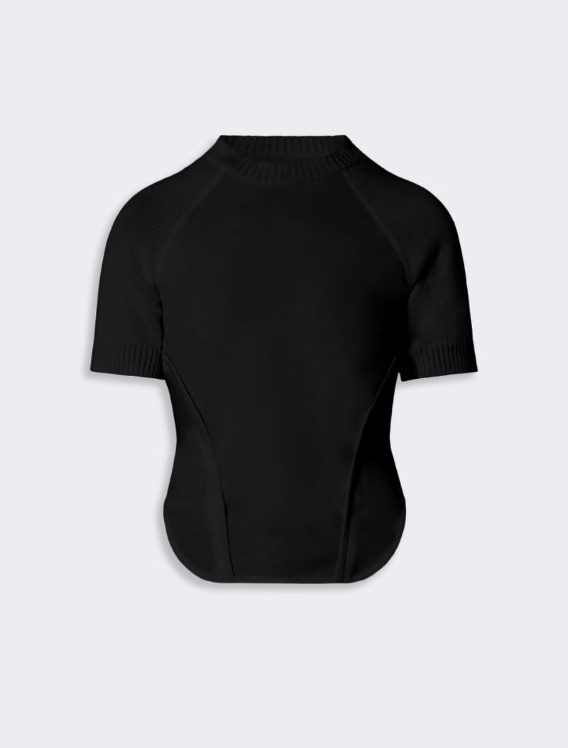Short-sleeve stretch cotton top - black 1