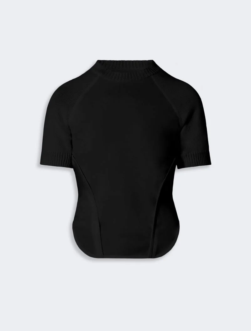 Short-sleeve stretch cotton top - black - 1