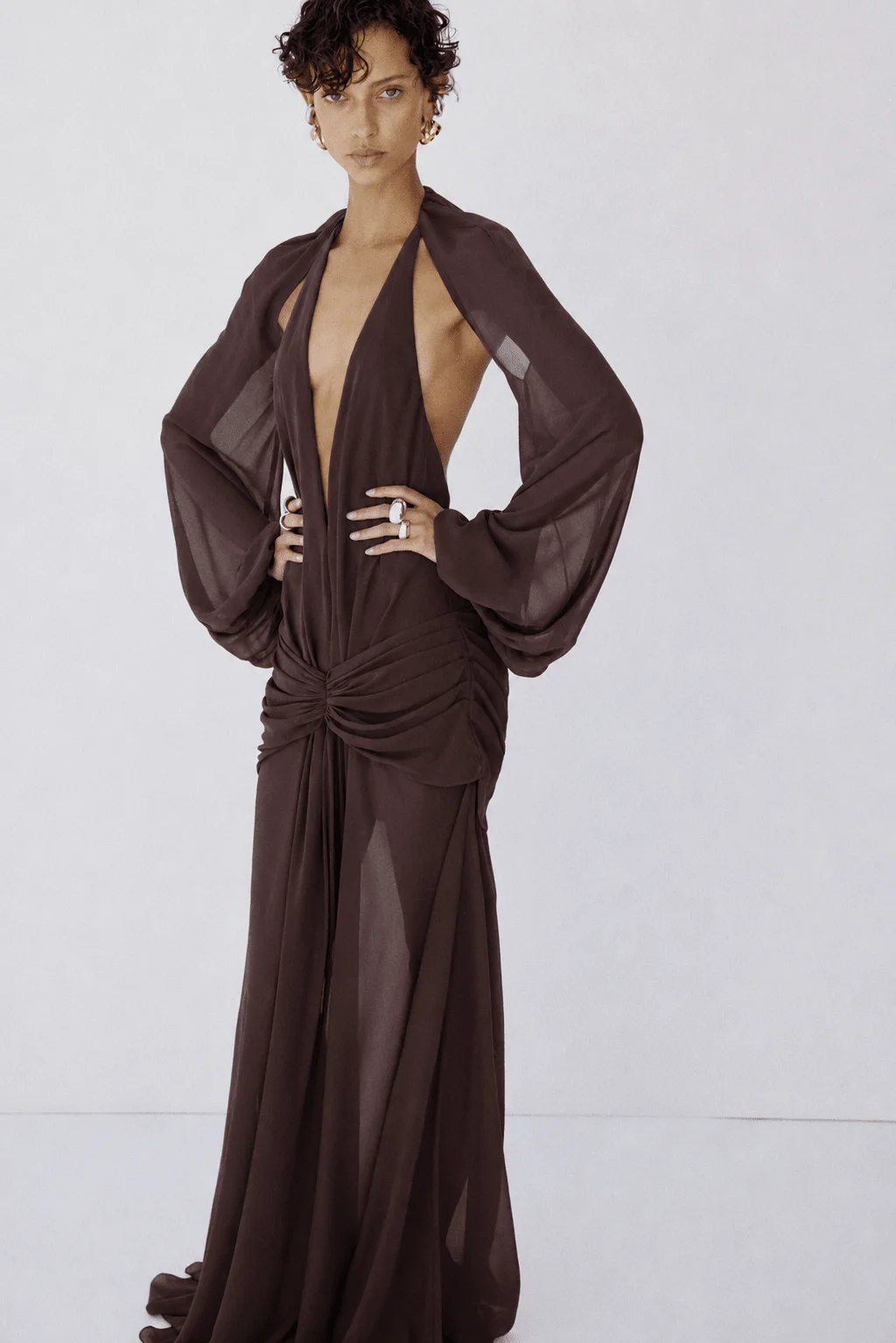 FIORELA MAXI DRESS IN UMBER BROWN CHIFFON - 1