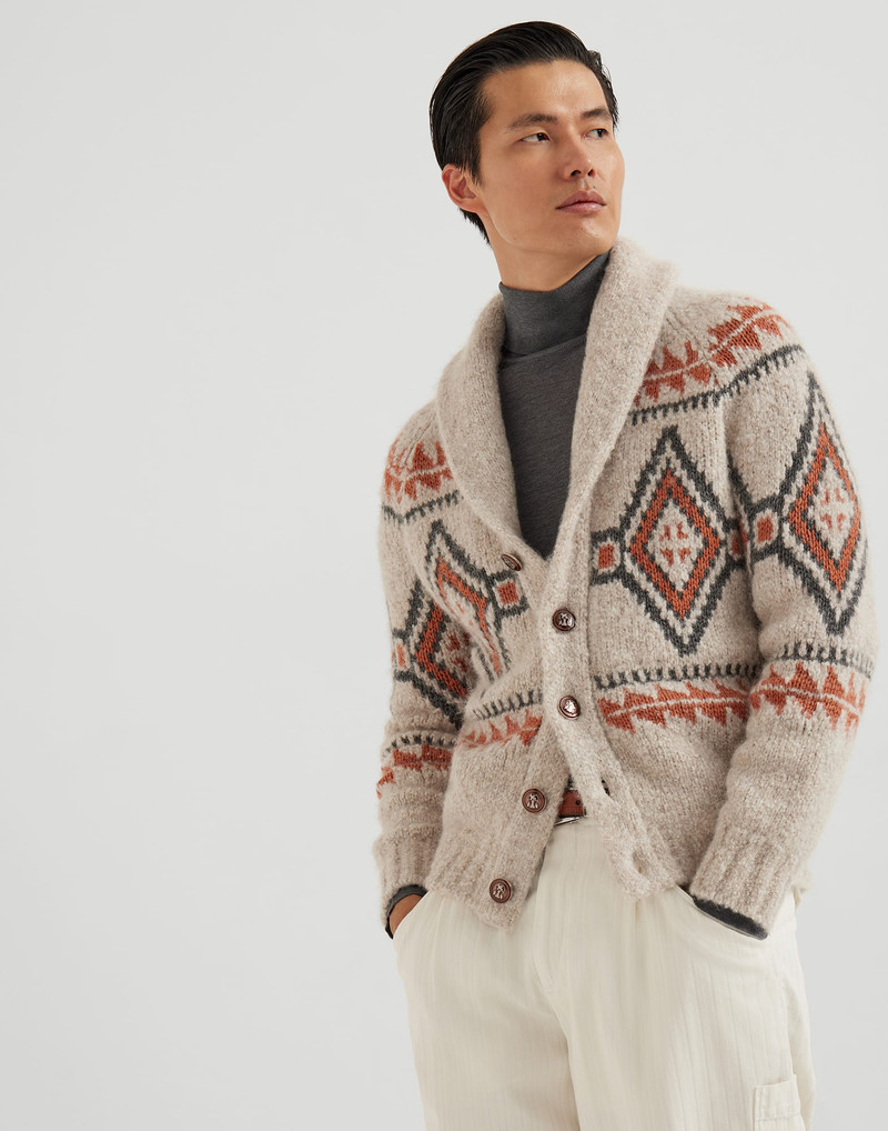 Geometric Jacquard cardigan alpaca, virgin wool and cashmere with metal buttons 1