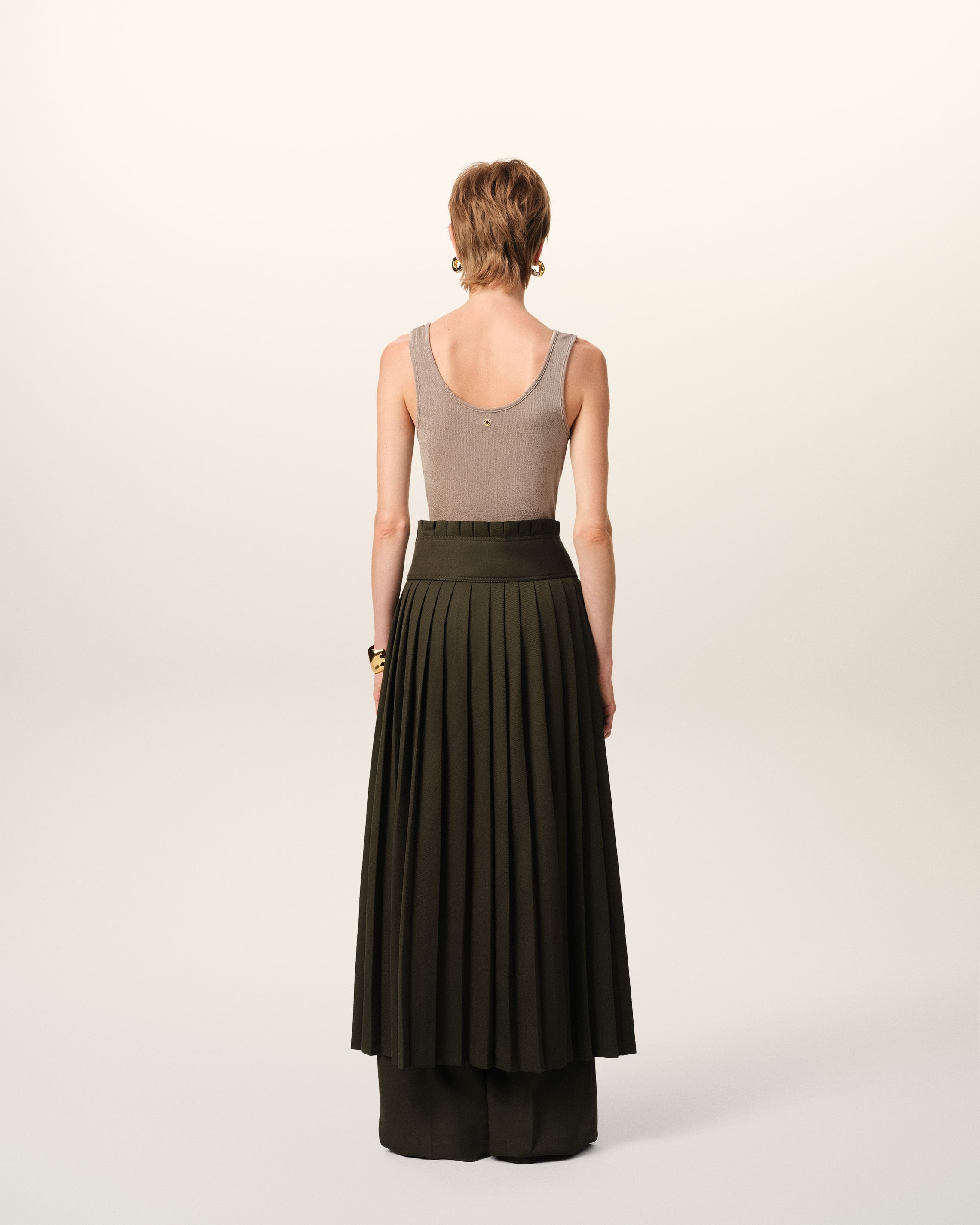 GREEN WOOL TWILL BELTED PLEATED SKIRT - 4