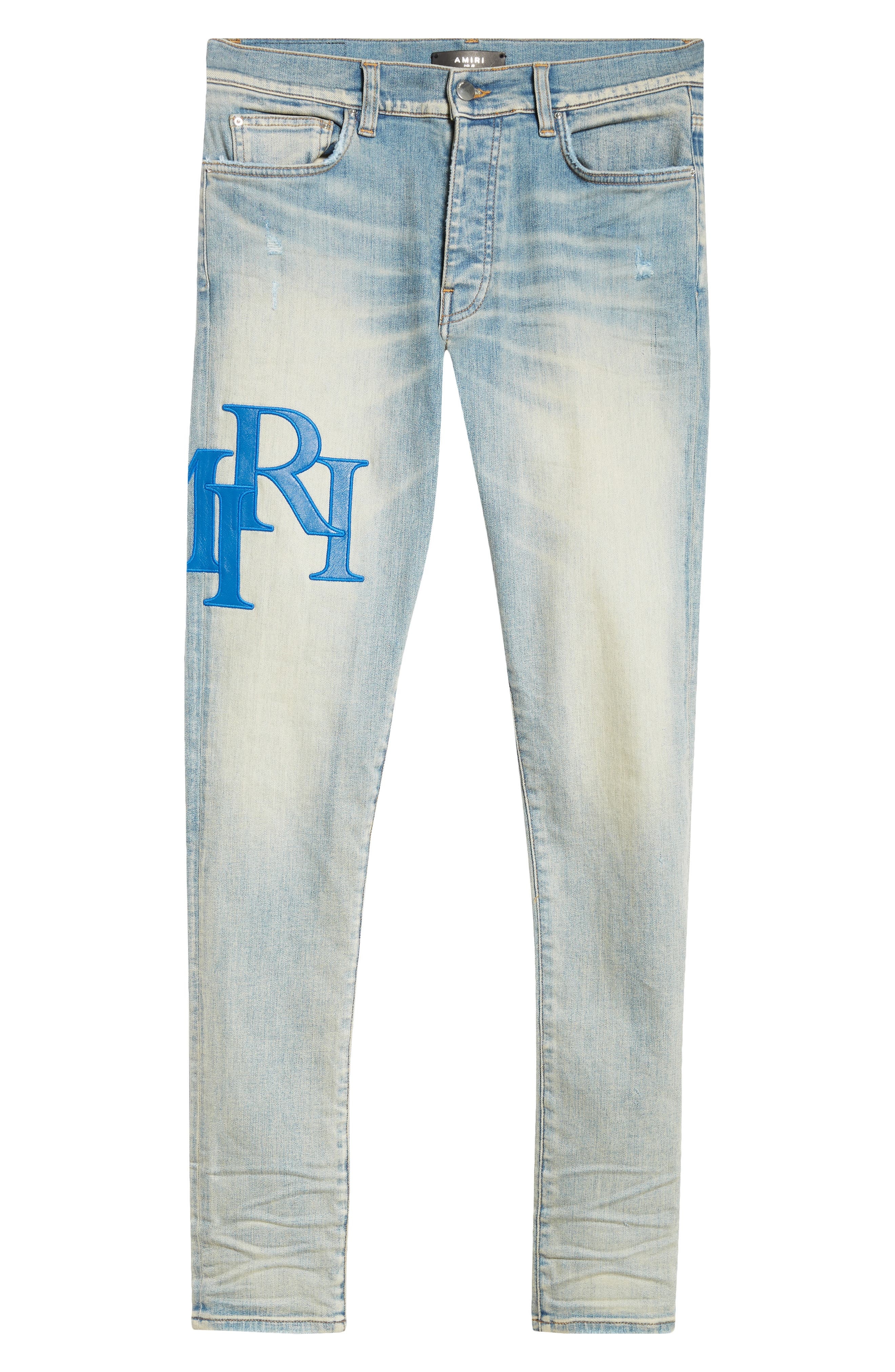 AMIRI Staggered Logo Skinny Jeans in Antique Indigo Blue at Nordstrom - 6
