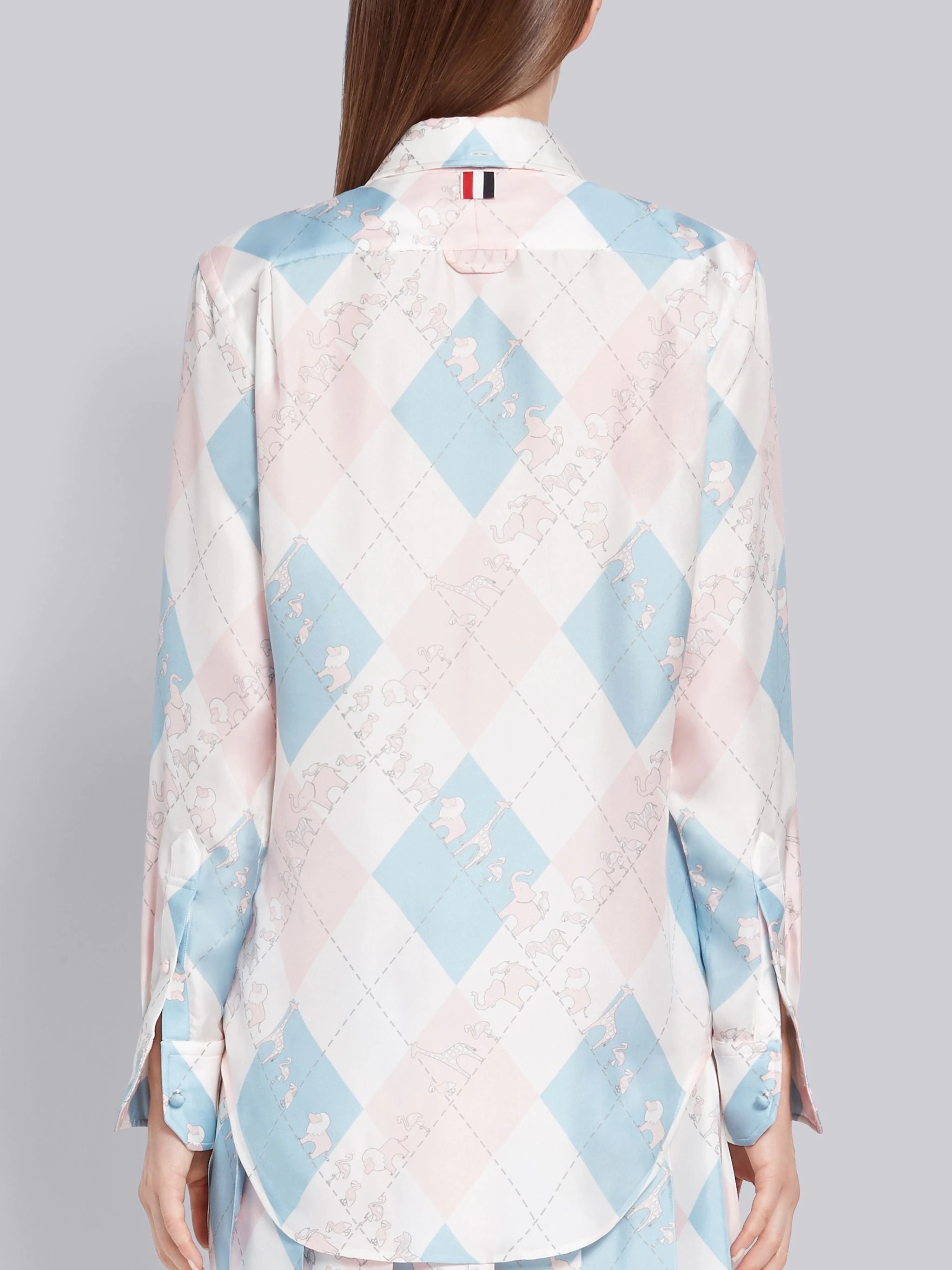 Light Blue and Pink Silk Argyle Print Animal Icon Long Sleeve Round Collar Shirt - 4