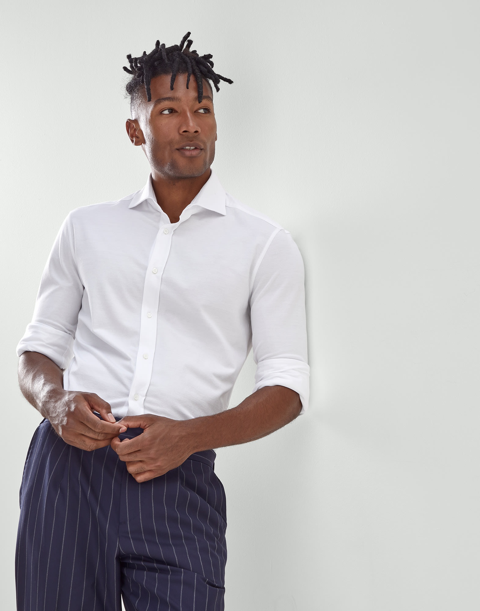 Cotton piqué slim fit shirt with spread collar - 4