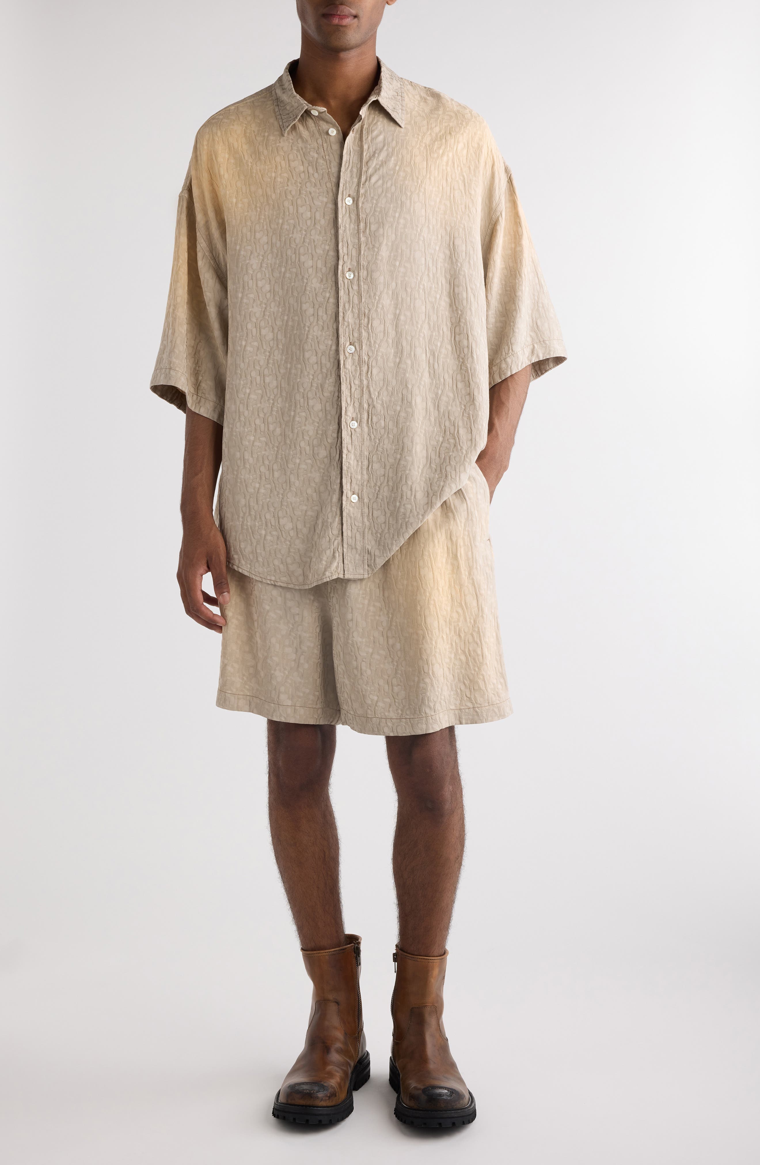 Acne Studios Ombré Jacquard Oversize Camp Shirt in Warm Grey at Nordstrom - 1