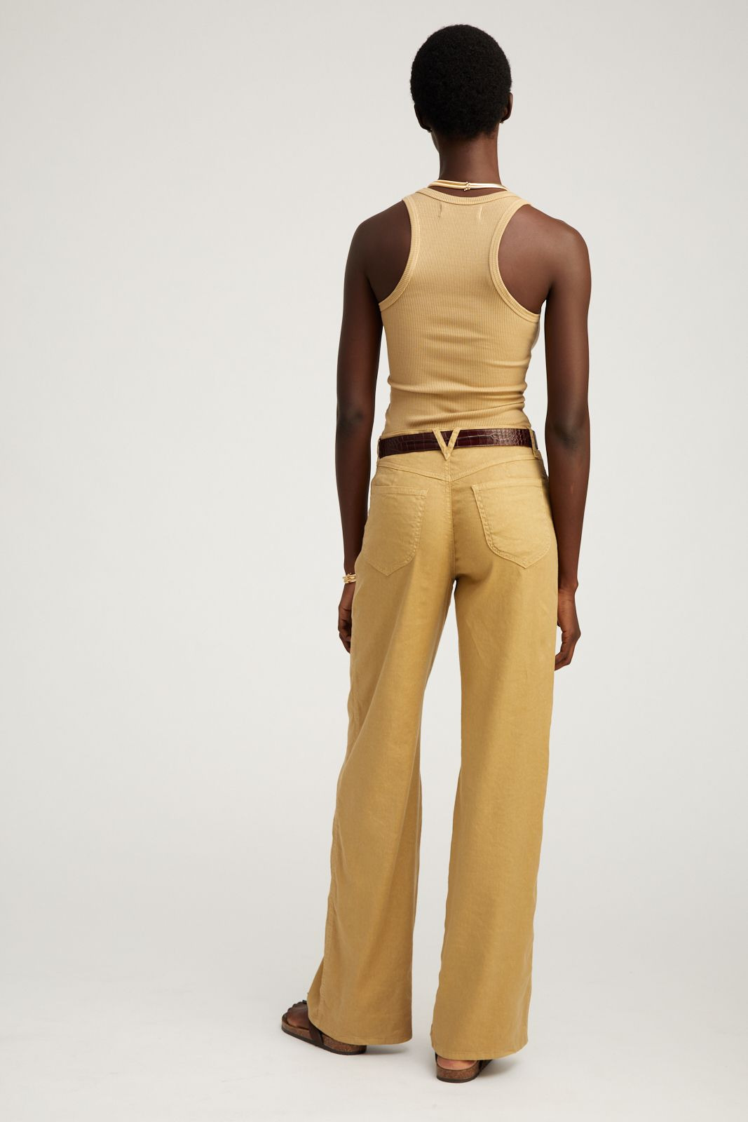 KHAKI LINEN 5 POCKET WIDE LEG PANTS - 4