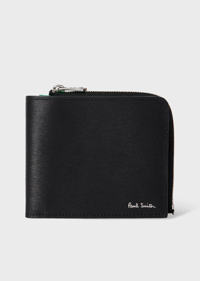 Black Grained Leather Contrast Interior Billfold and Coin Wallet 1