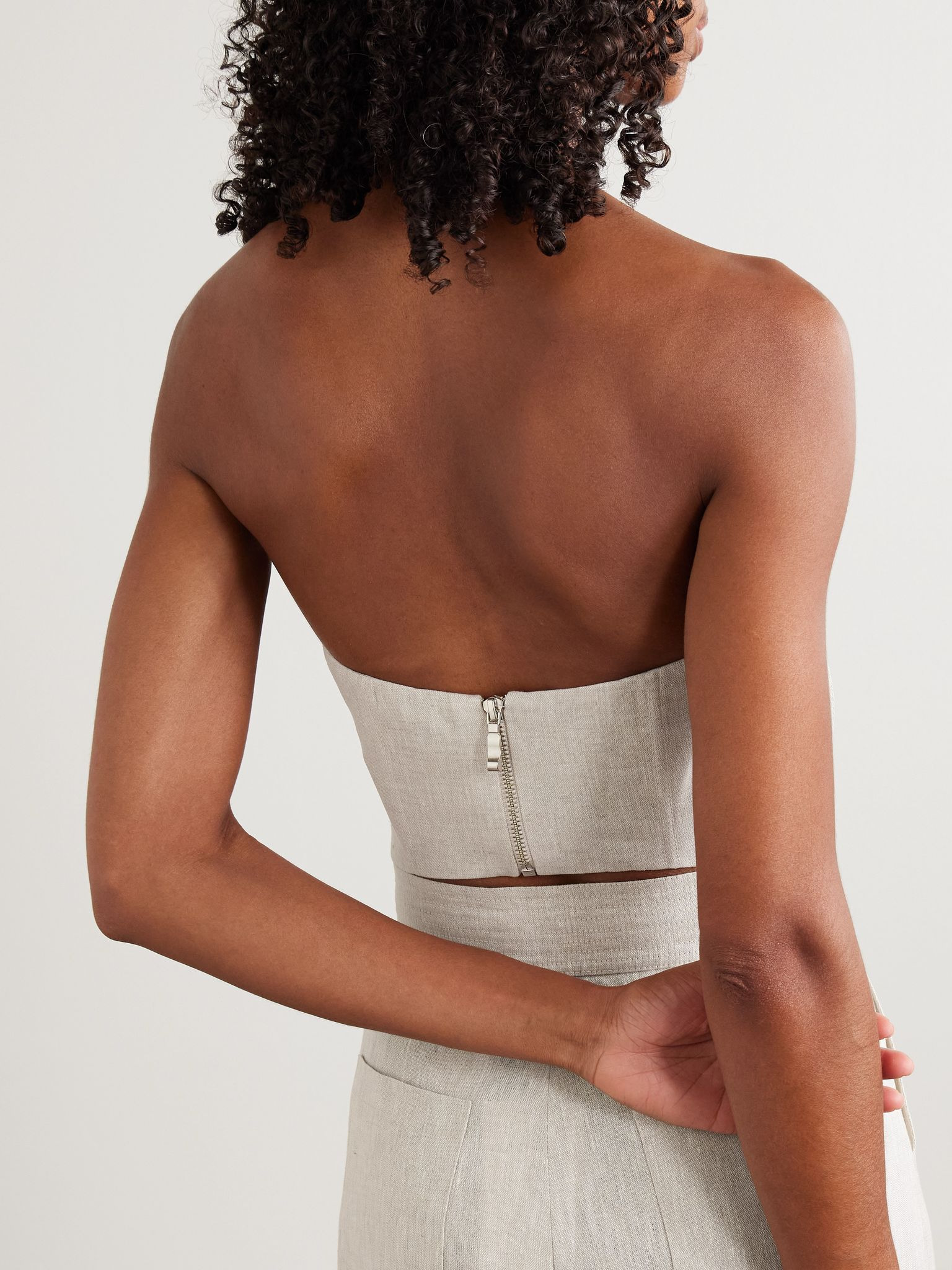 Cropped appliquéd topstitched linen bustier top Off-white - 4