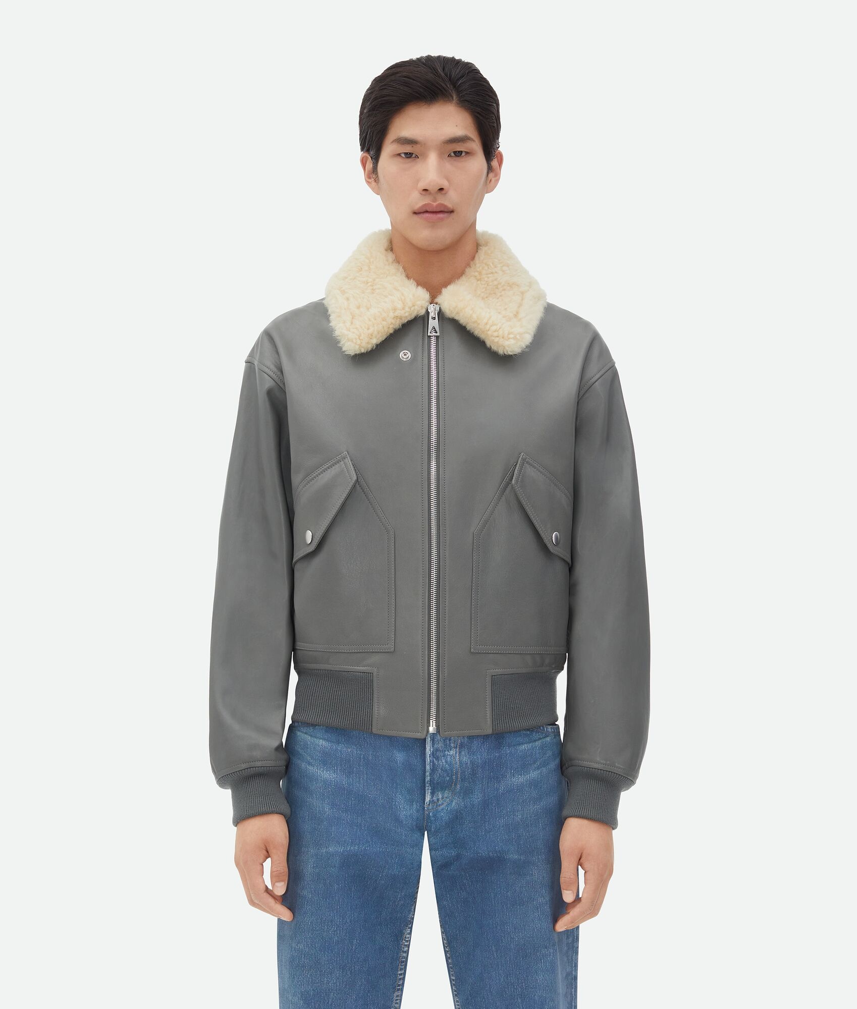 Leather Jacket With Shearling Collar - 1