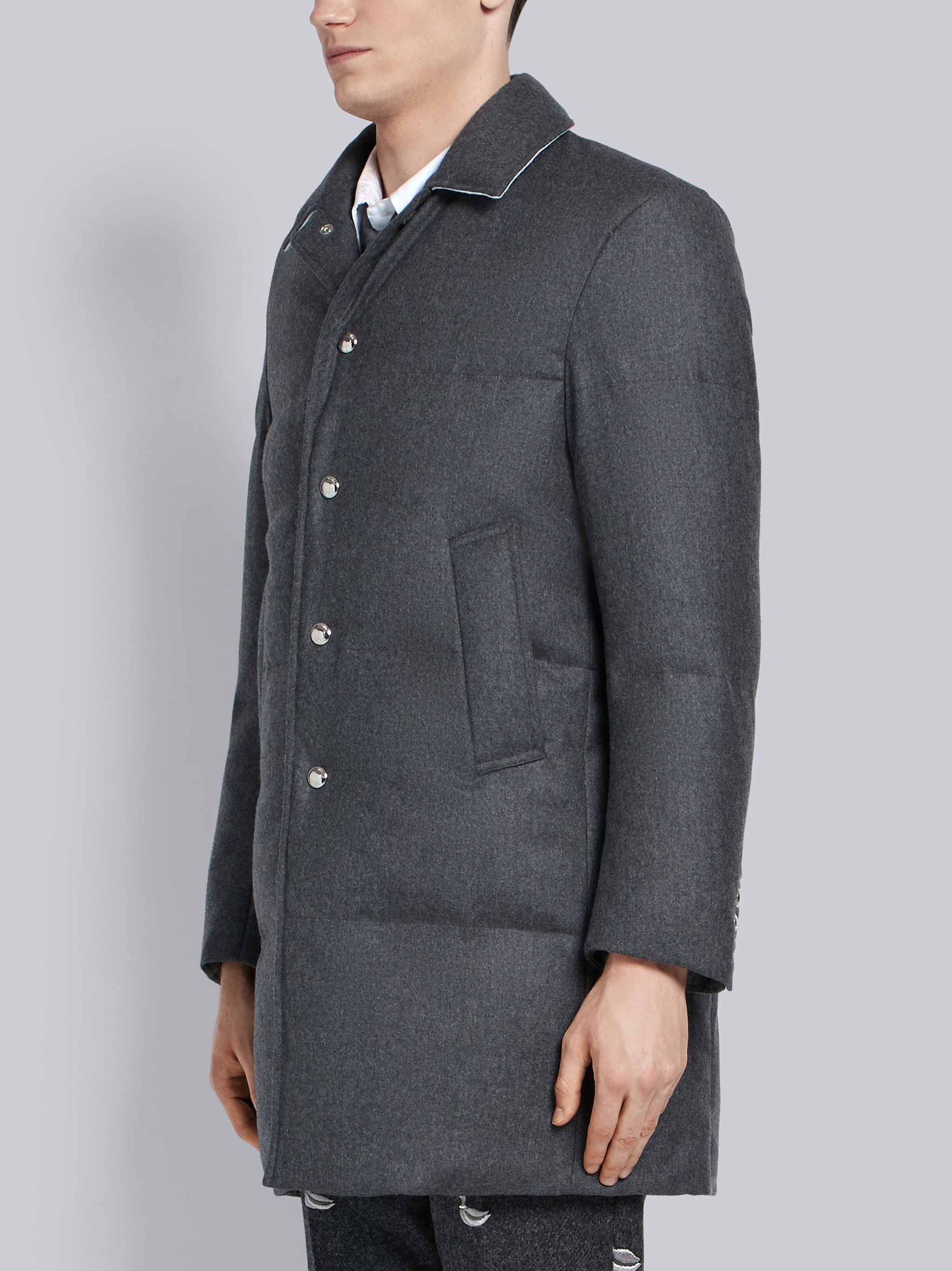 Dark Grey Down Filled Solid Wool Flannel Bal Collar Overcoat - 2