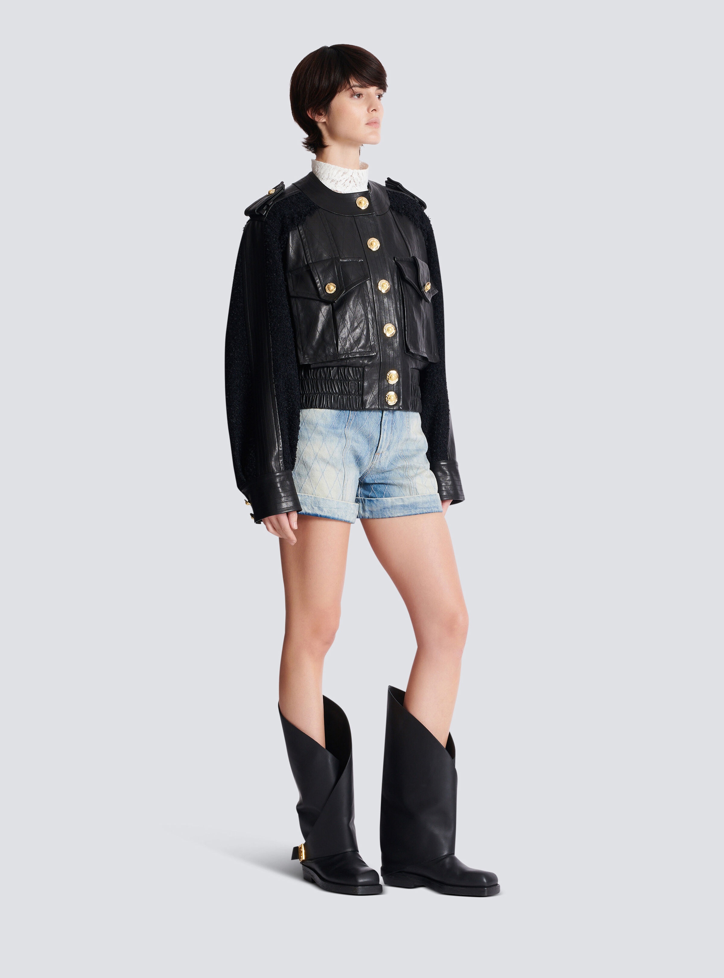Tweed and leather bomber jacket - 3