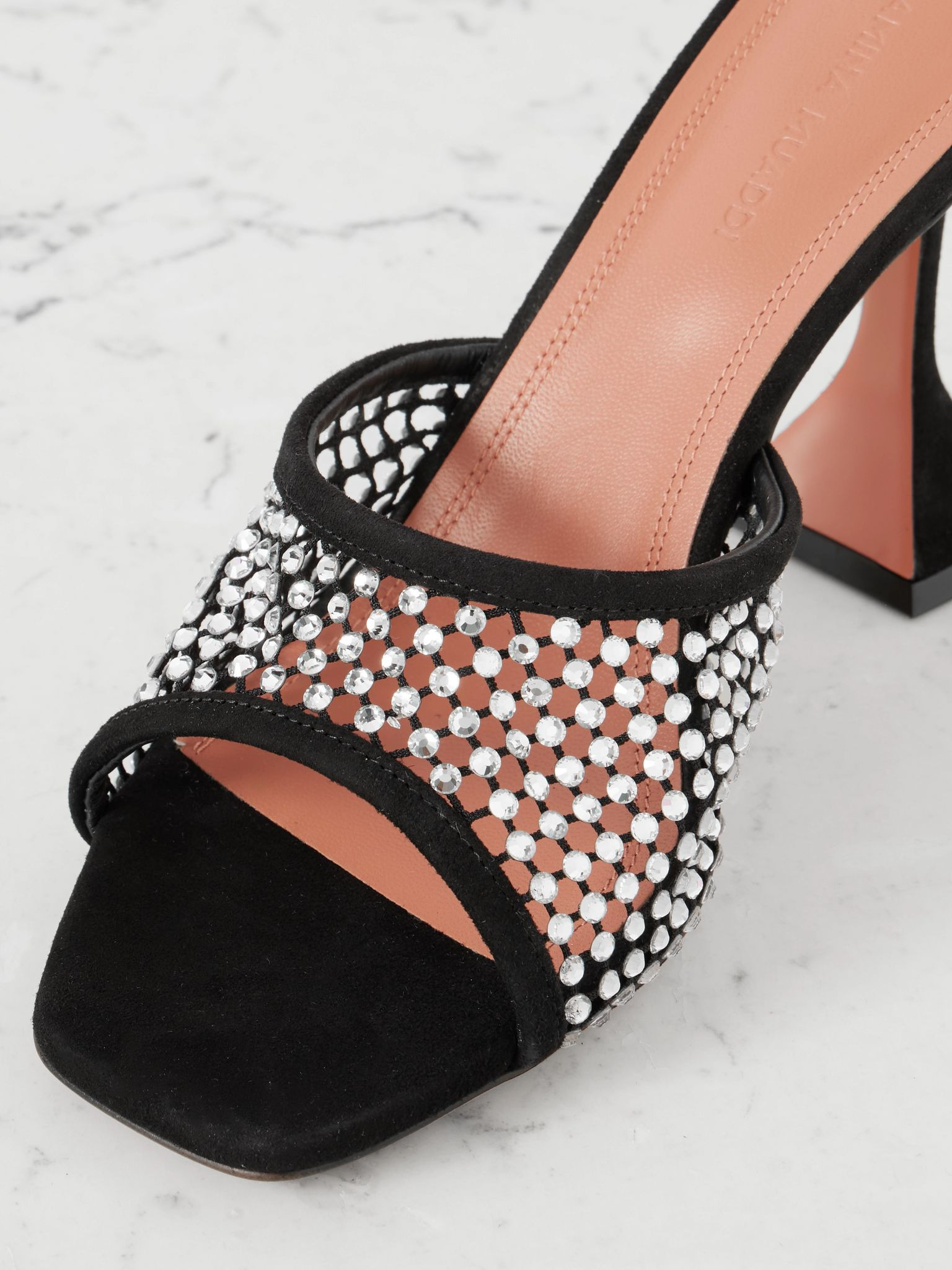 Lupita crystal-embellished fishnet and suede mules Black - 4
