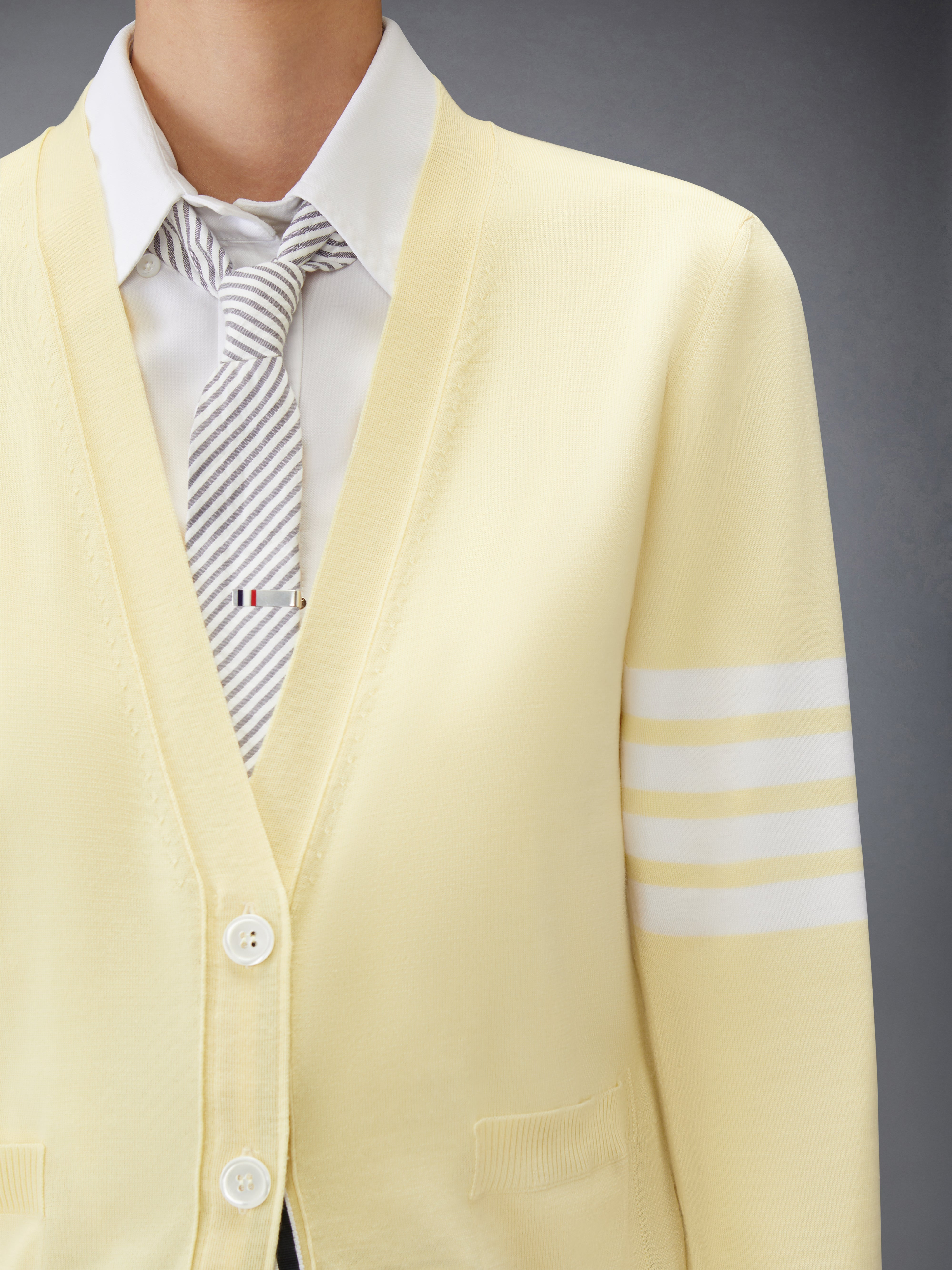 MERINO WOOL 4-BAR RELAXED FIT V-NECK CARDIGAN - 6