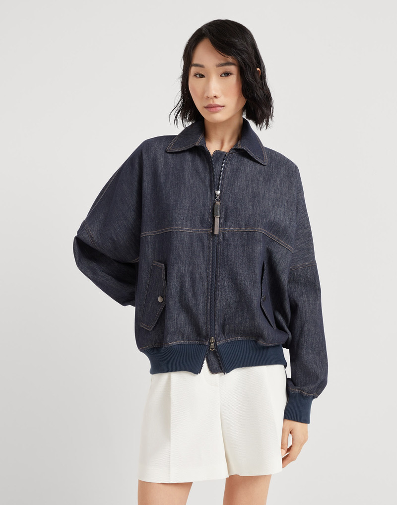 Denim-effect twill bomber jacket with shiny zipper pull - 1