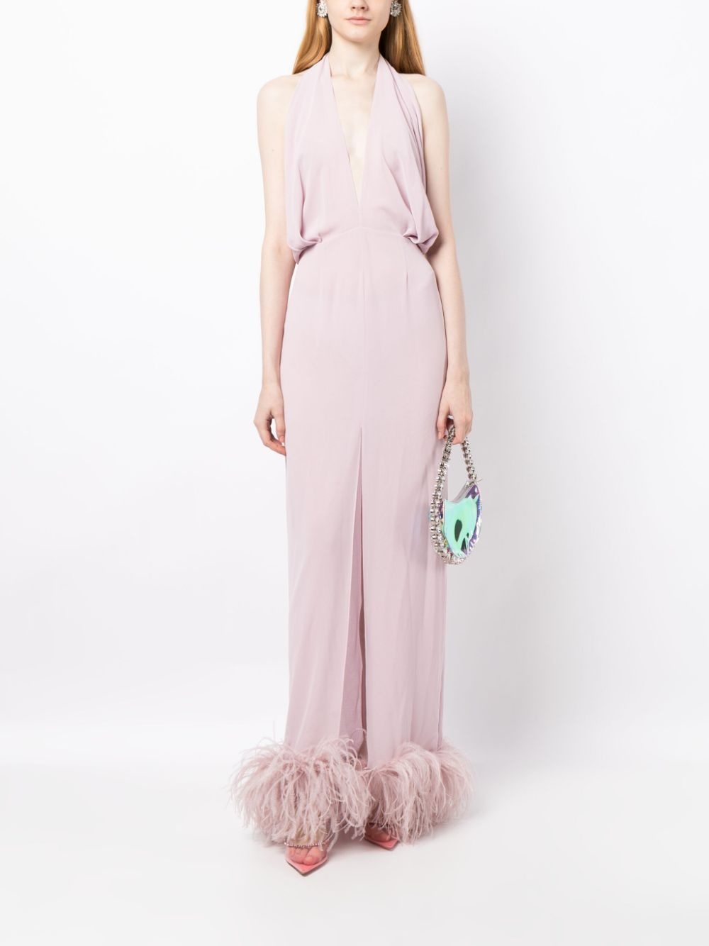 Isolde feather-trim halterneck dress - 2