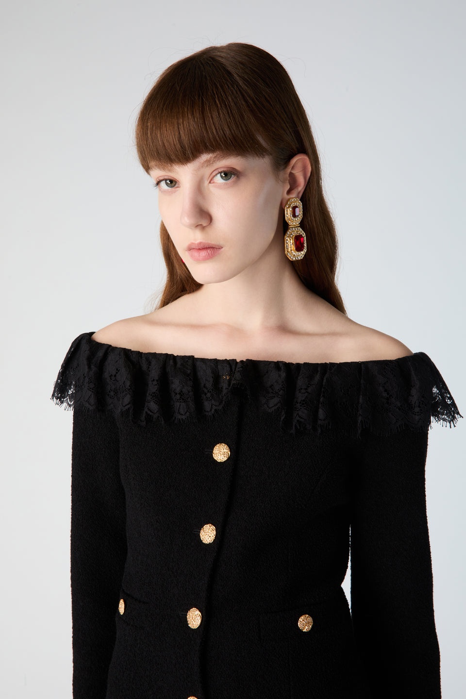 TWEED BOUCLE OFF THE SHOULDER JACKET W/LACE RUFFLE - 6