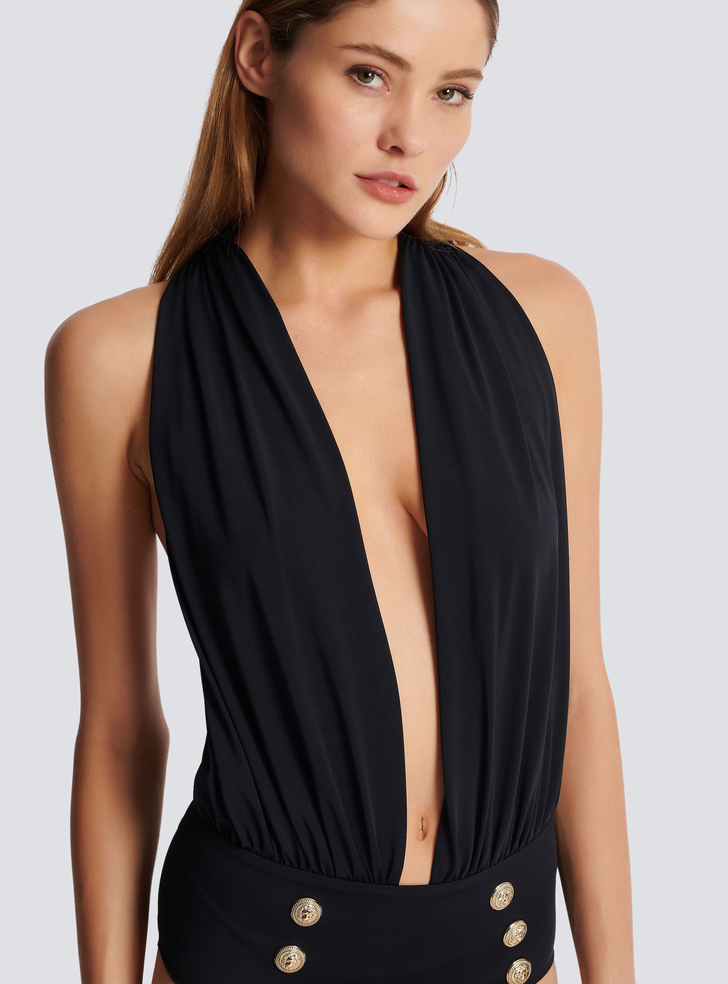 Draped swimsuit with embossed buttons - 6