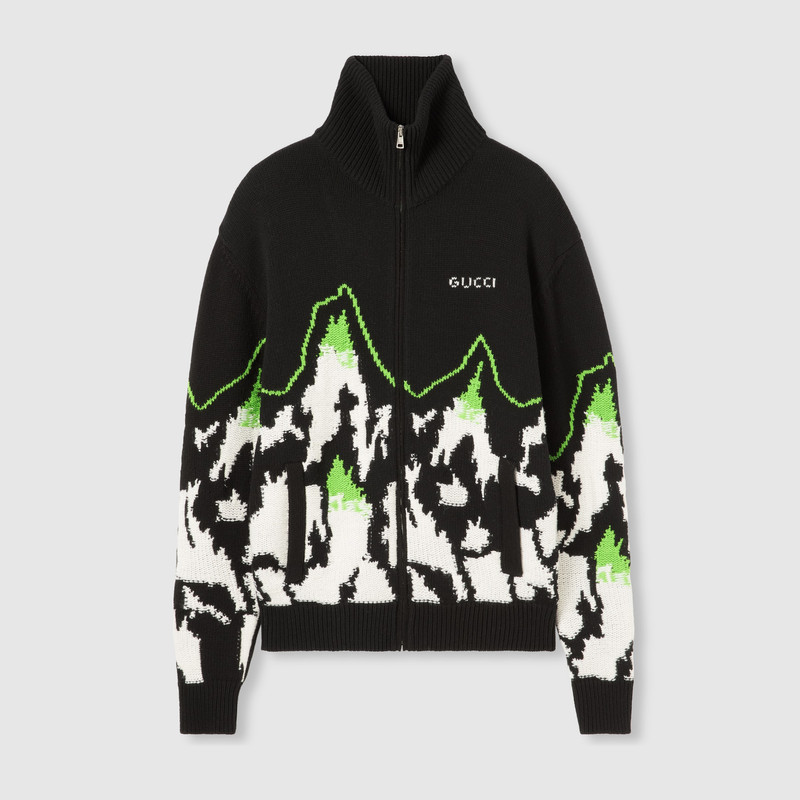 Wool jacquard zip jacket with intarsia 1