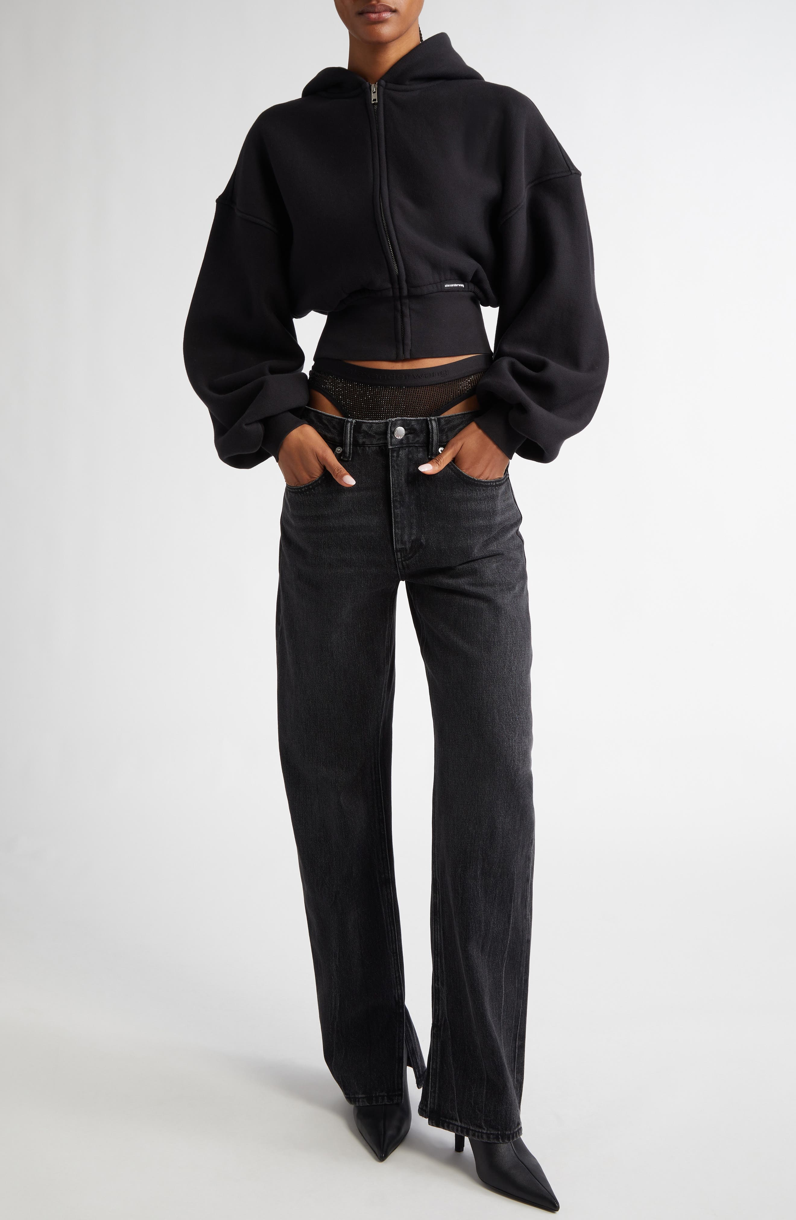 Alexander Wang Crop Front Zip Cotton Hoodie in 020A Faded Black at Nordstrom - 2