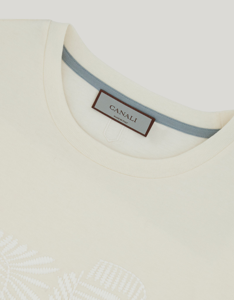 CREAM COTTON JERSEY T-SHIRT WITH RIBBED COLLAR AND GRAPHIC EMBROIDERY 5