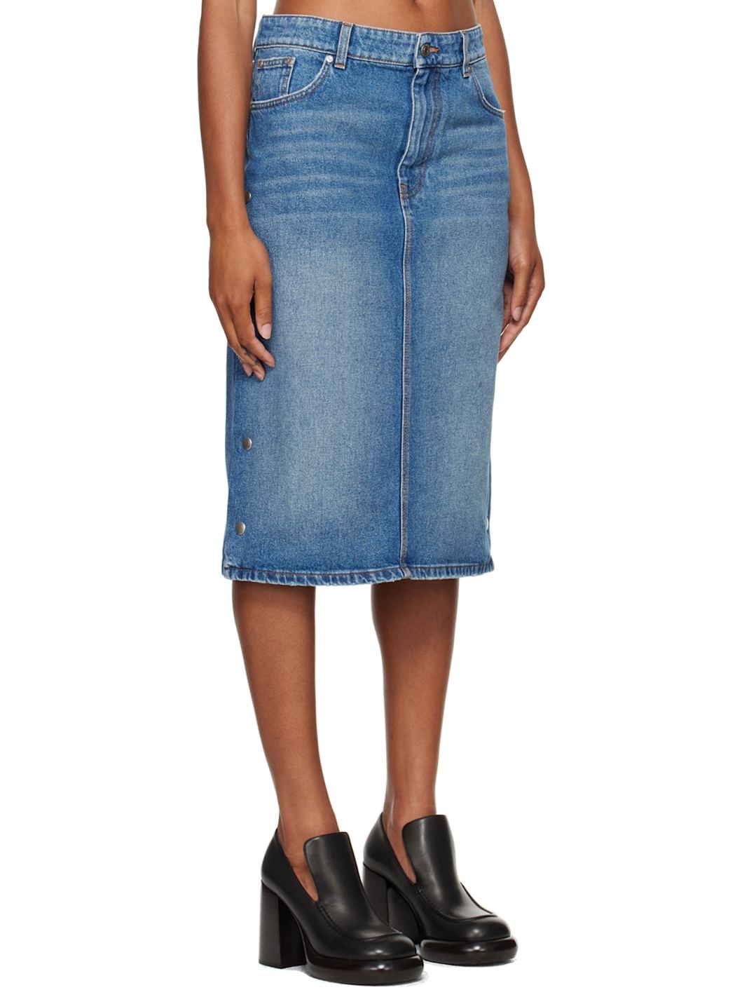 Blue Snap Denim Midi Skirt - 2