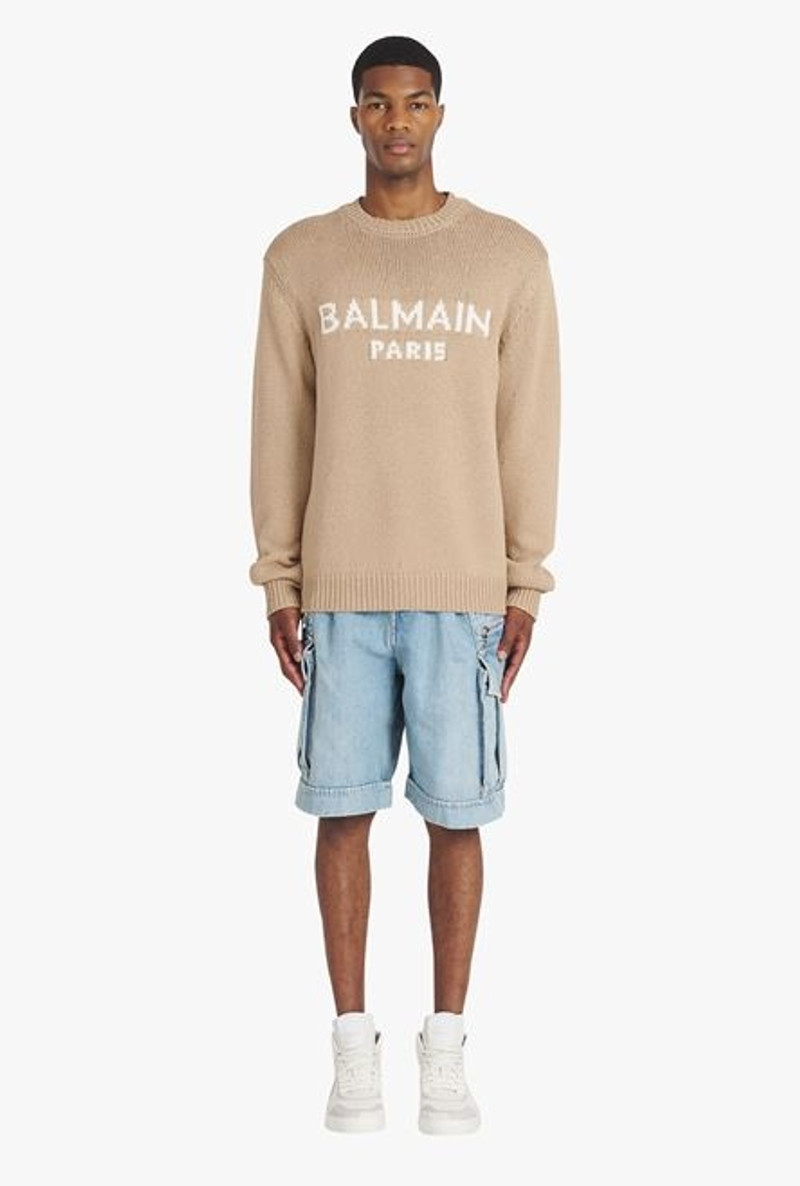 Sand-colored merino wool sweater with white Balmain Paris logo 4