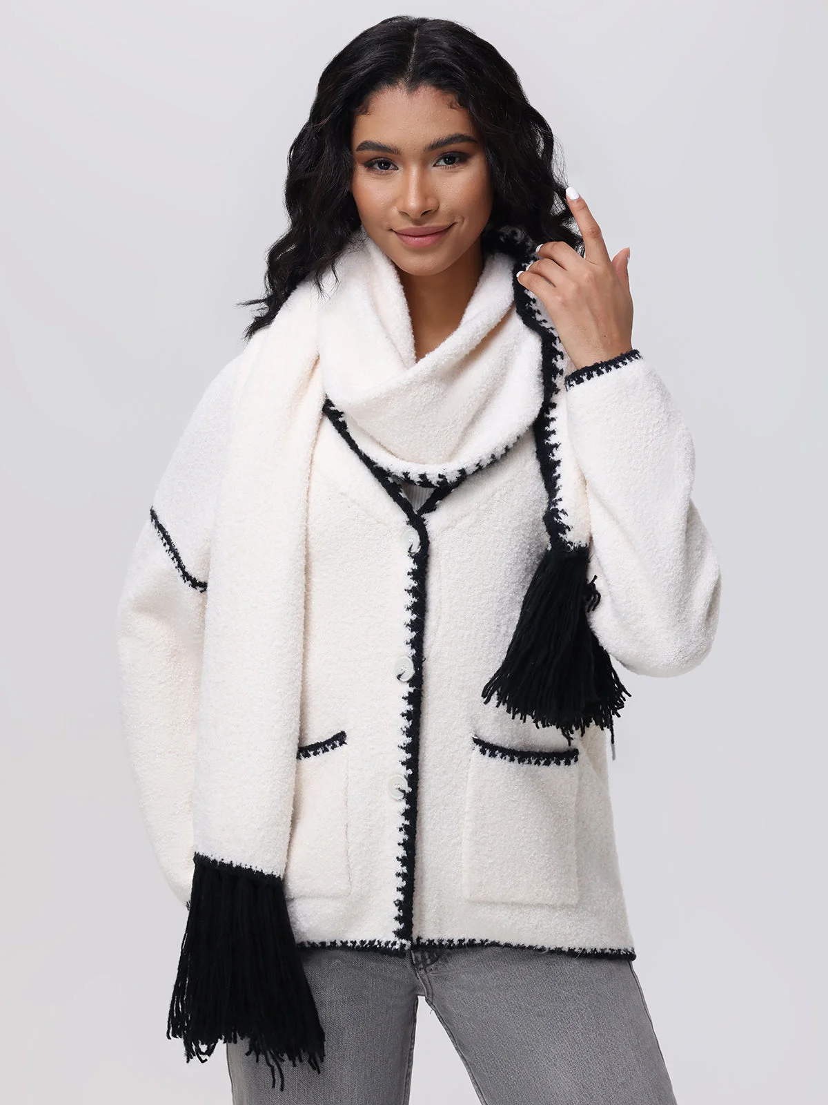 Tierney: Whipstitch Scarf Neckline Cardigan - 1