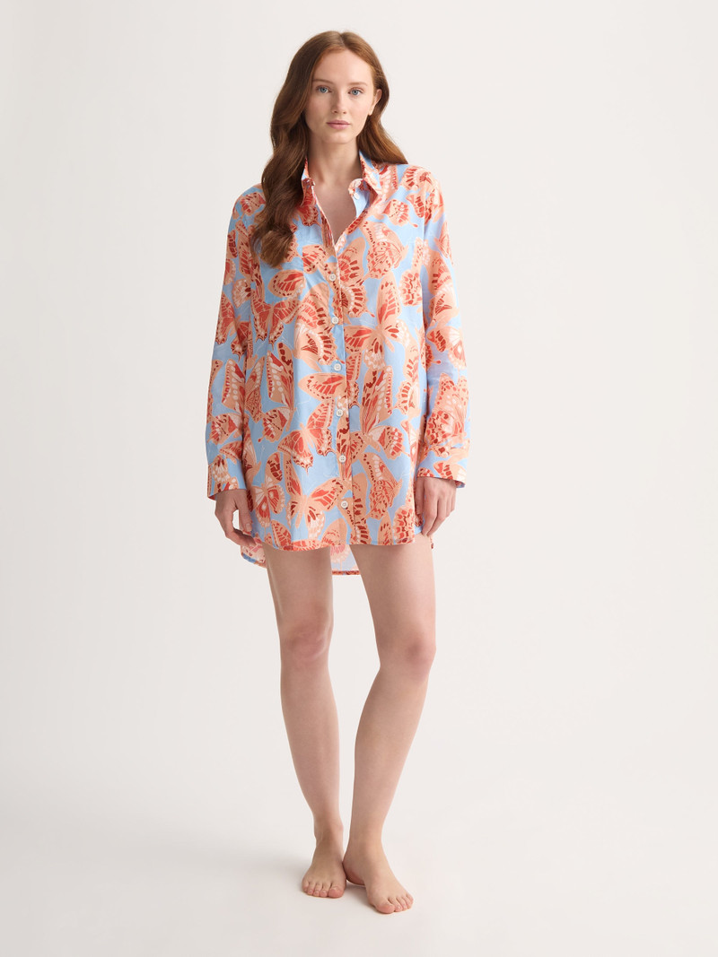 Women's Nightshirt Cotton Batiste Light Blue & Peach Butterfly Print 1