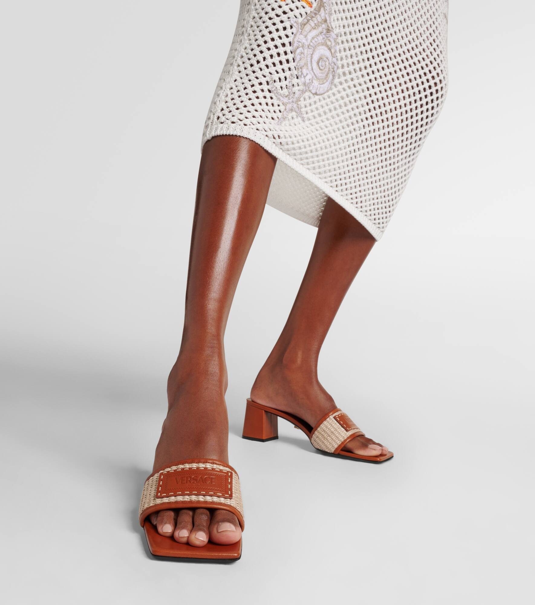 Theia Barocco leather-trimmed raffia mules - 4