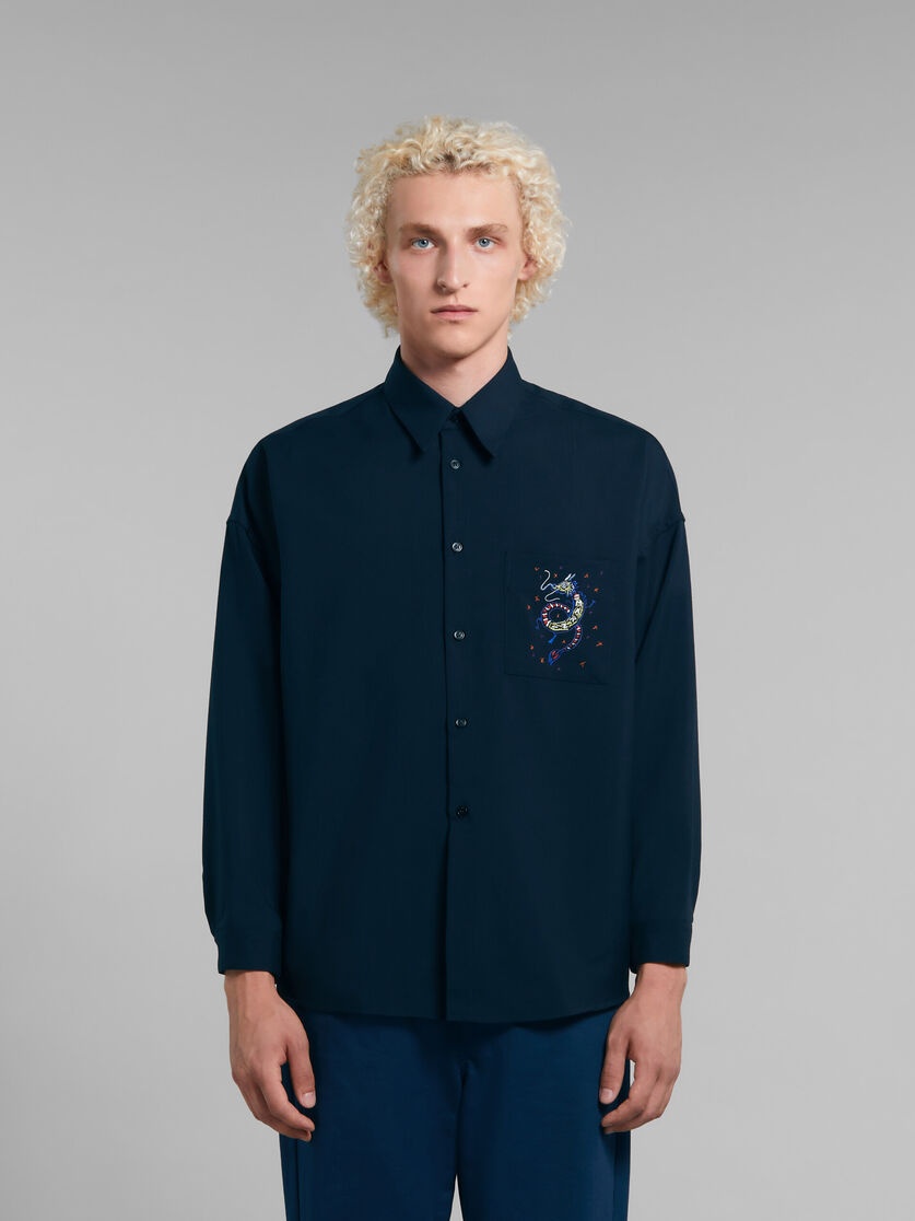 DEEP BLUE WOOL SHIRT WITH EMBROIDERED DRAGON - 2