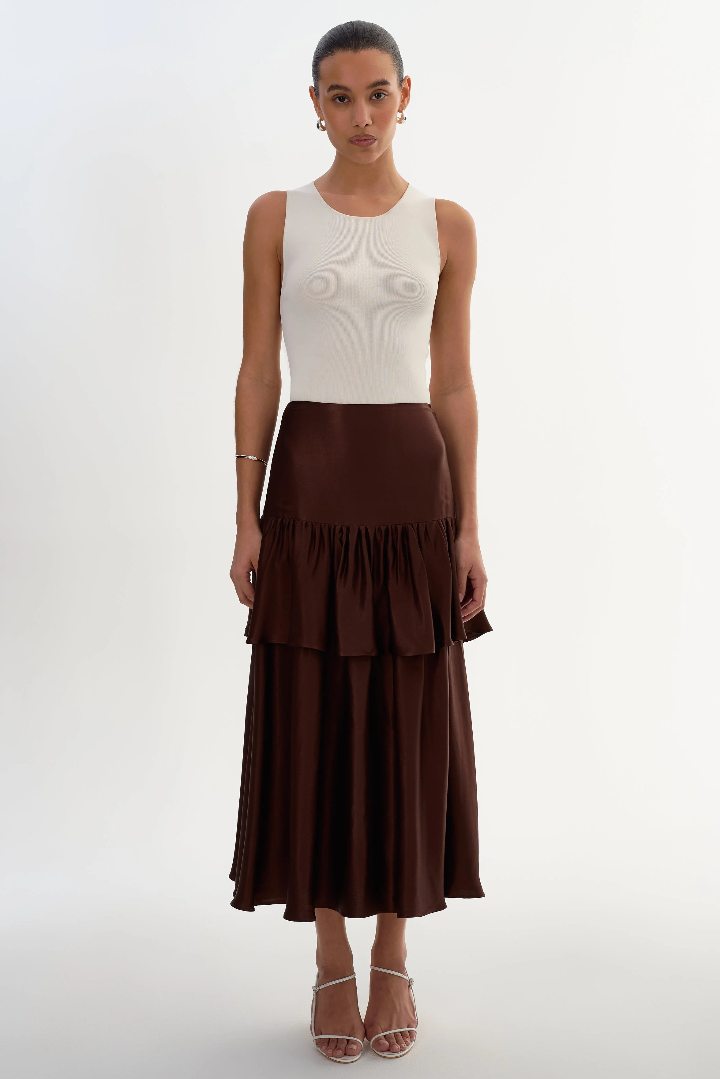 CHALINA | Ruffle Satin Midi Skirt - 1