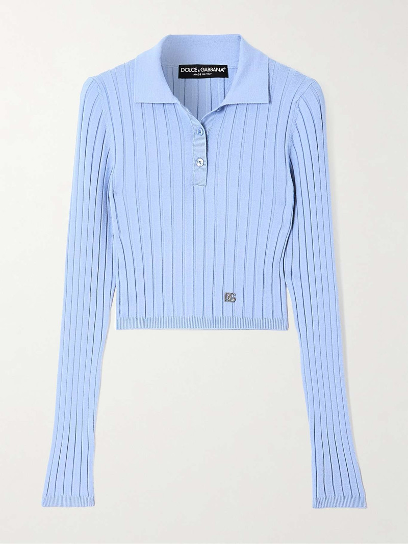 Embellished ribbed-knit polo shirt 1