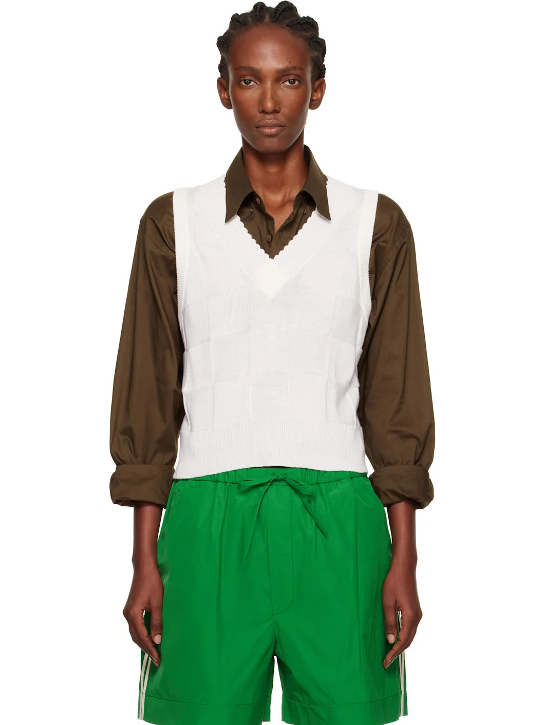 White Checkered Cotton & Cashmere Vest - 1