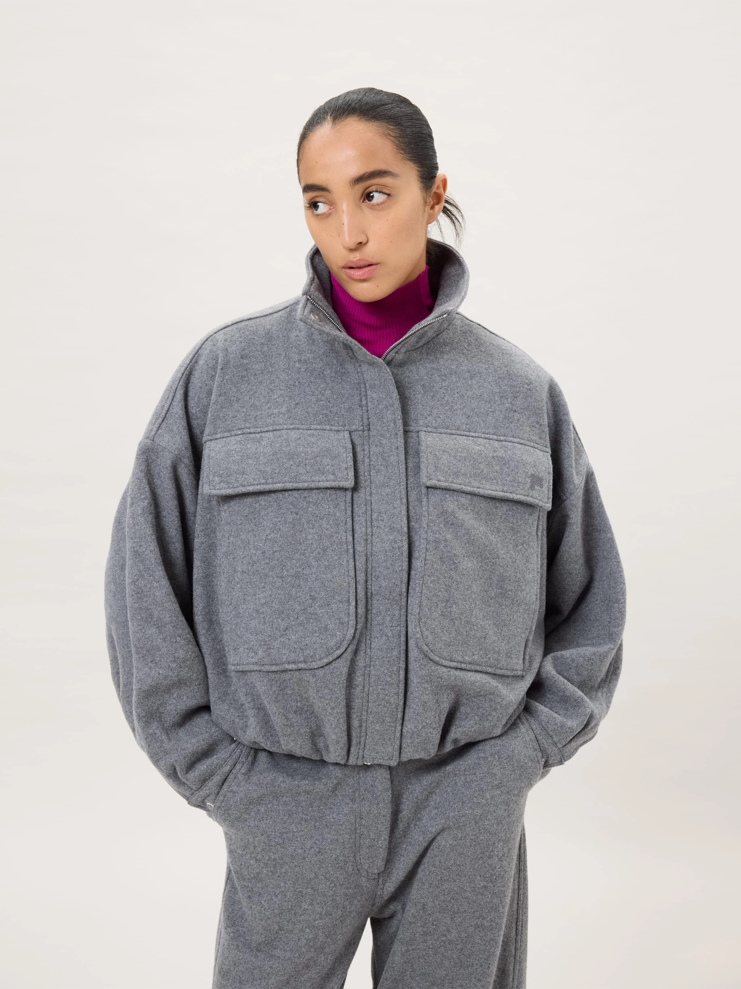 Womens Wool Jersey Zip Up Jacket - Grey Marl - 1