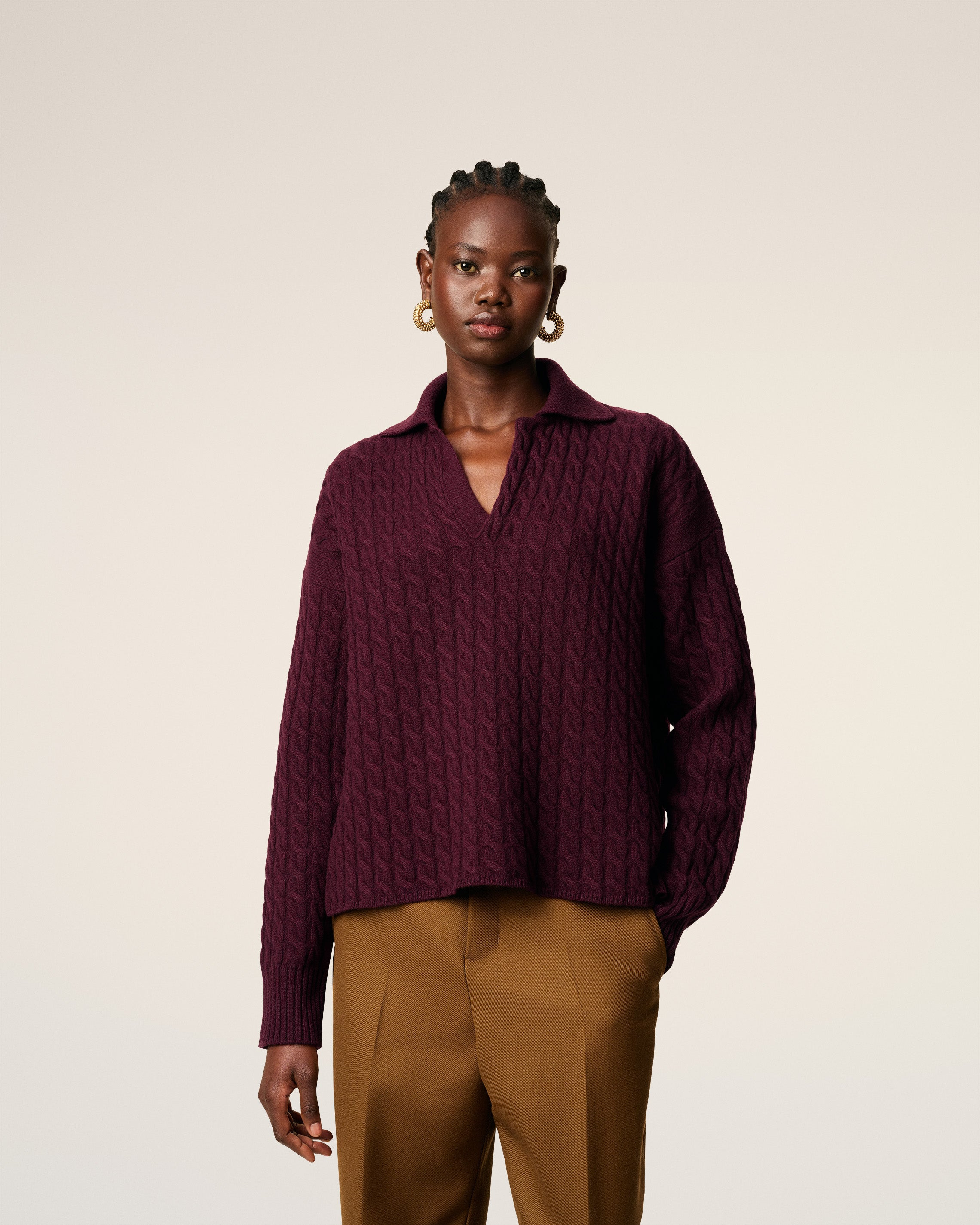 BURGUNDY WOOL CABLES KNIT POLO - 10