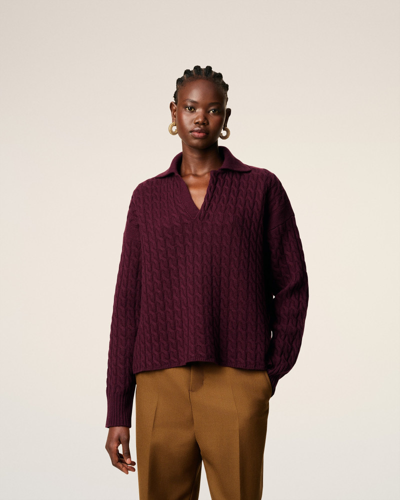 BURGUNDY WOOL CABLES KNIT POLO 10