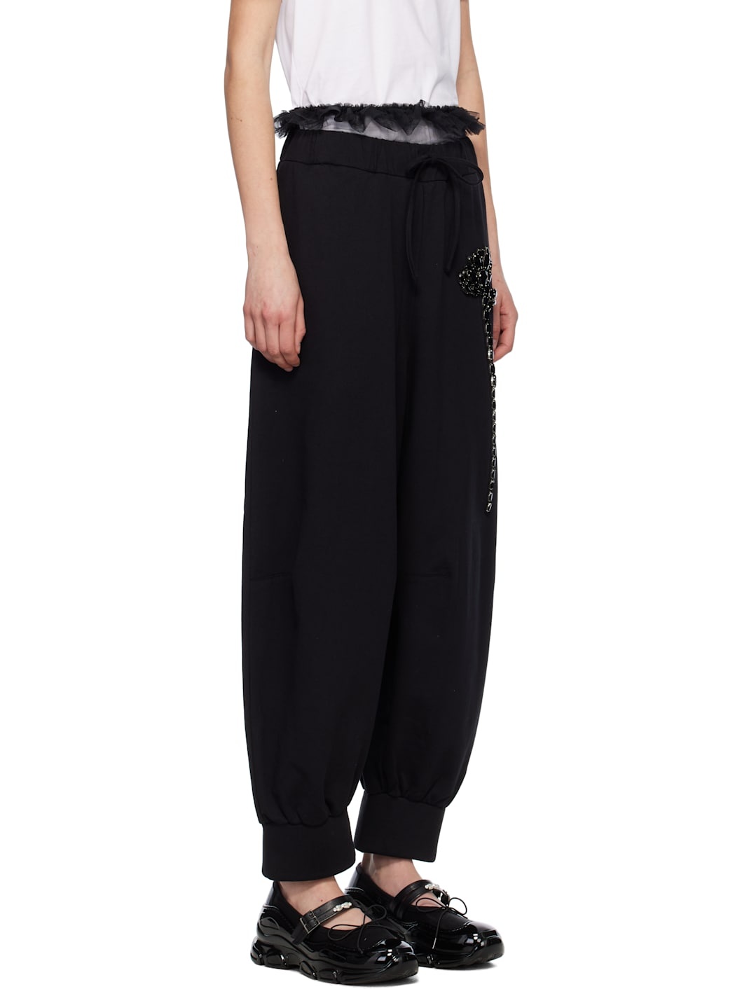 Black Embellished Exposed Frilly Brief Drawstring Lounge Pants - 2