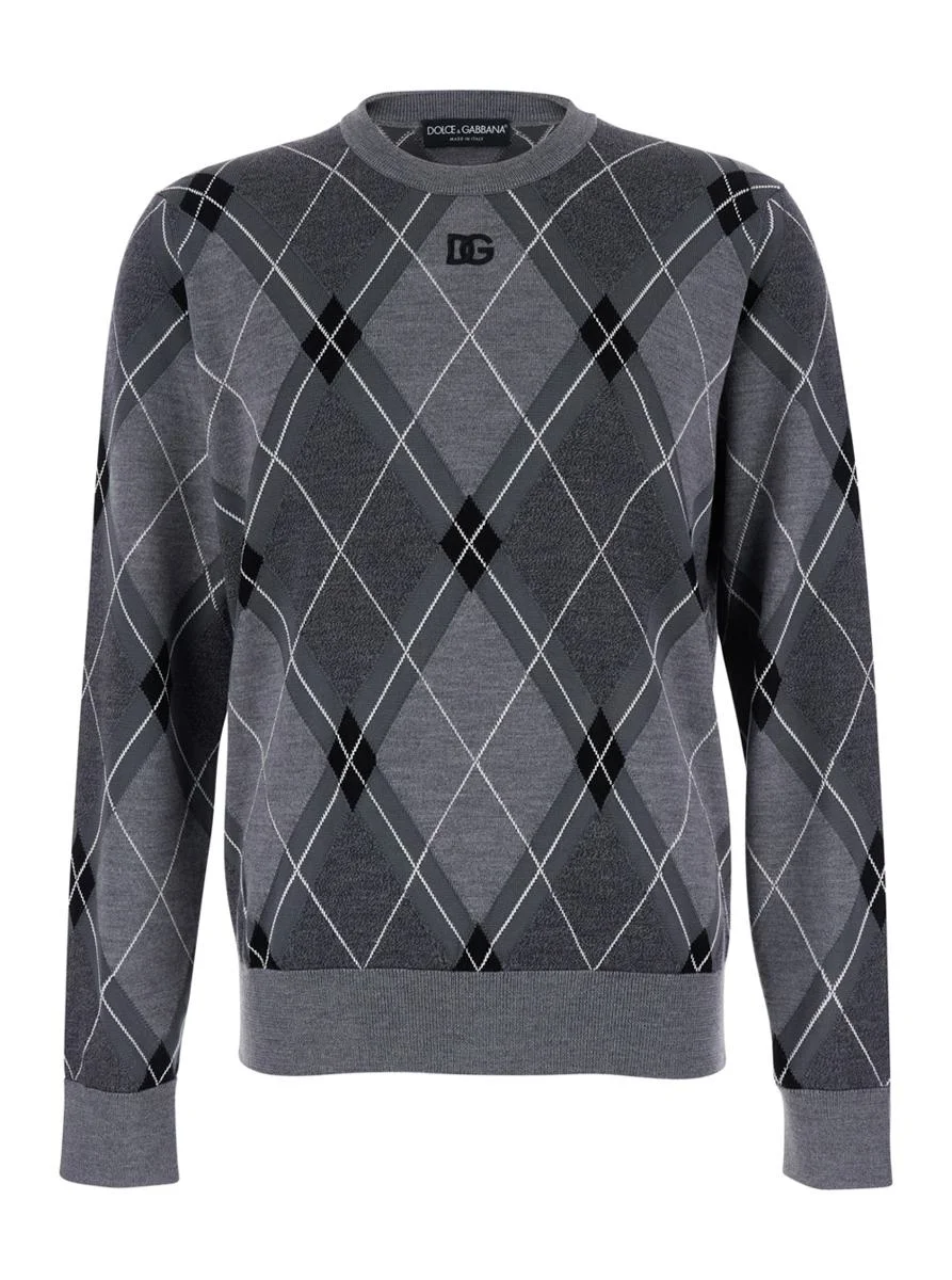 Dolce & Gabbana Grey Crew Neck Sweater With Front Logo And Diamond Pattern In Wool Blend Man - 1