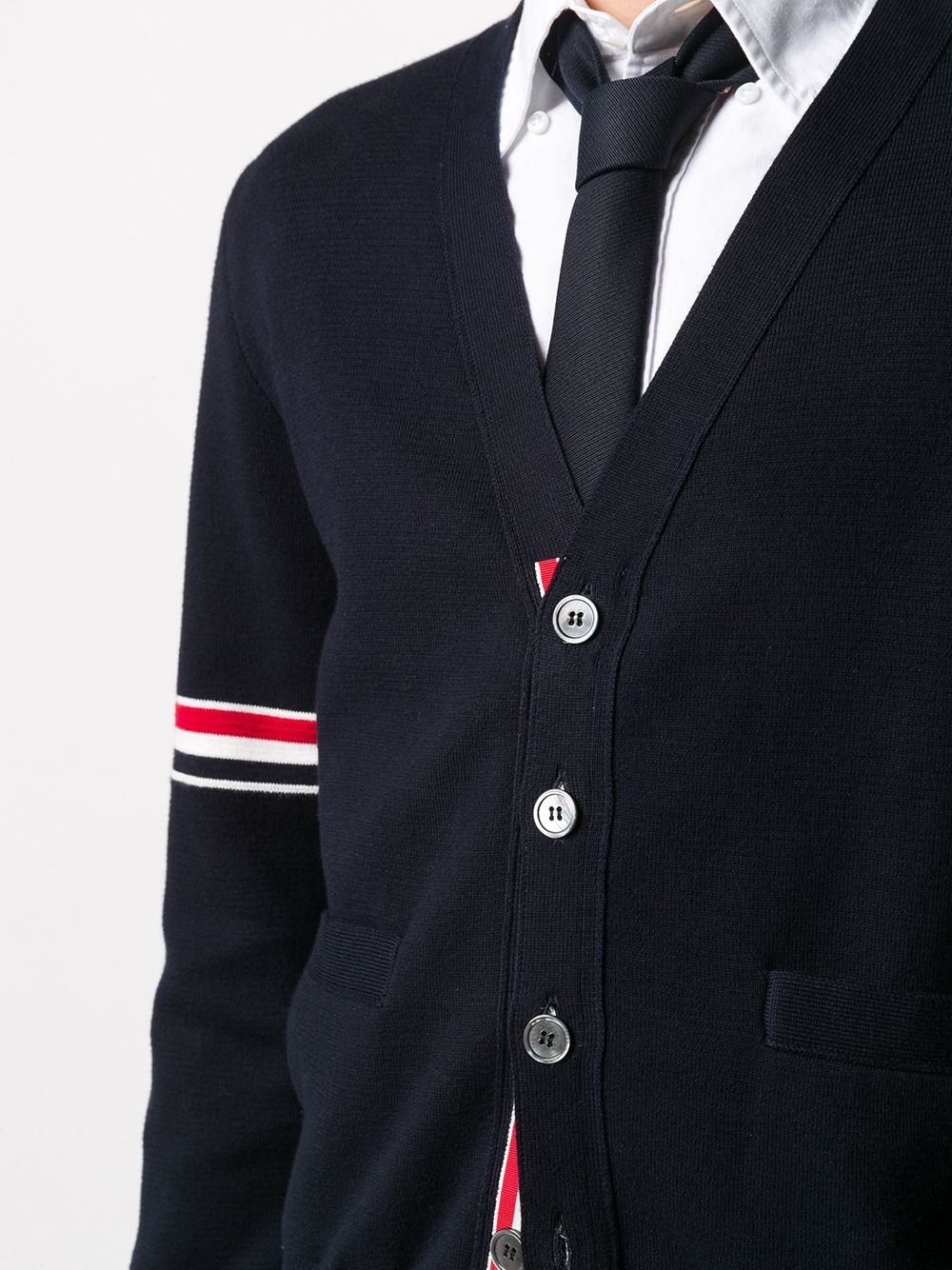 THOM BROWNE - Men Milano Stitch RWB Stripes Cotton V-Neck Cardigan - 4