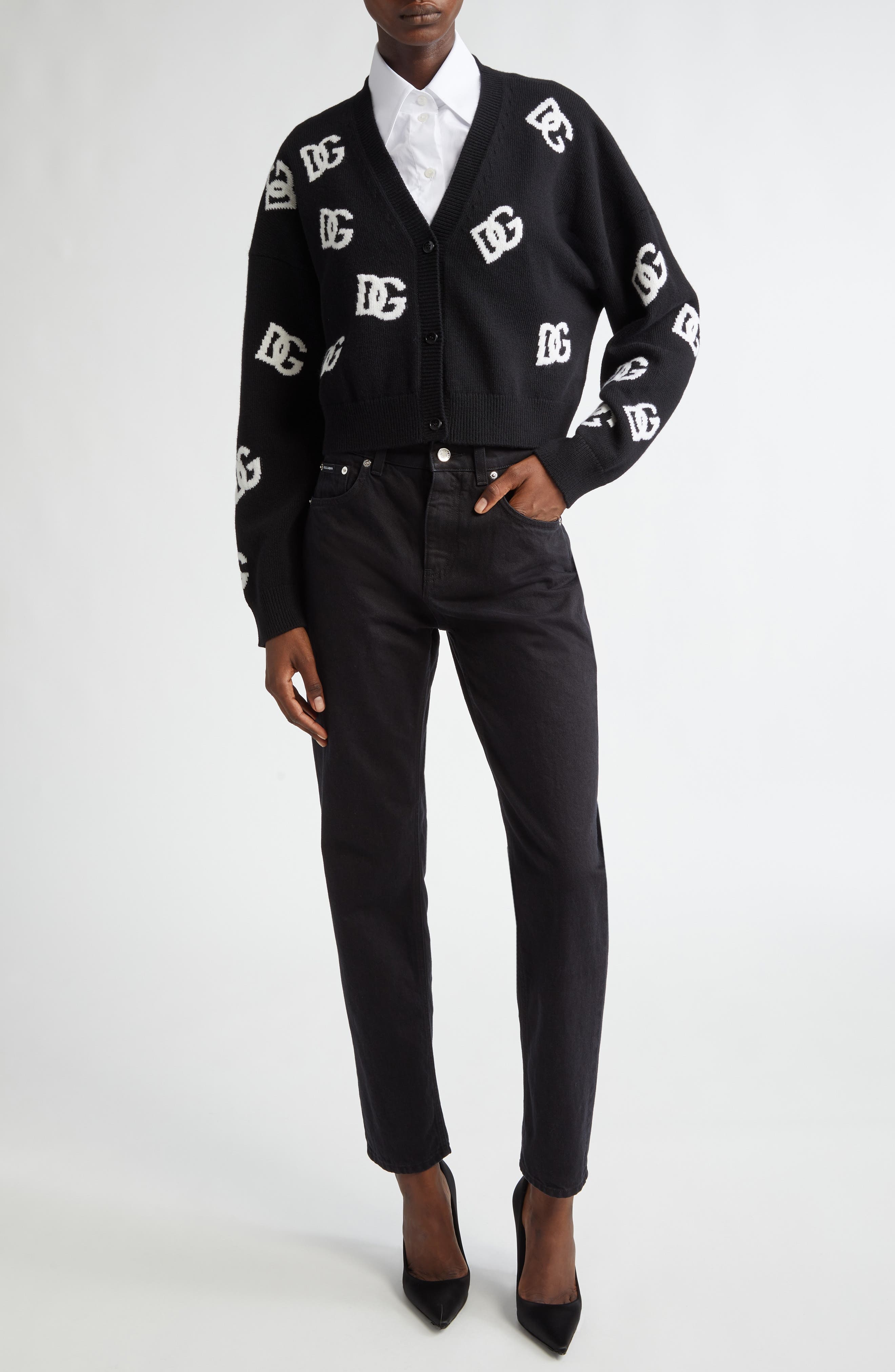 Dolce&Gabbana Point Collar Cotton Crop Shirt in W0800 Bianco Ottico at Nordstrom - 2