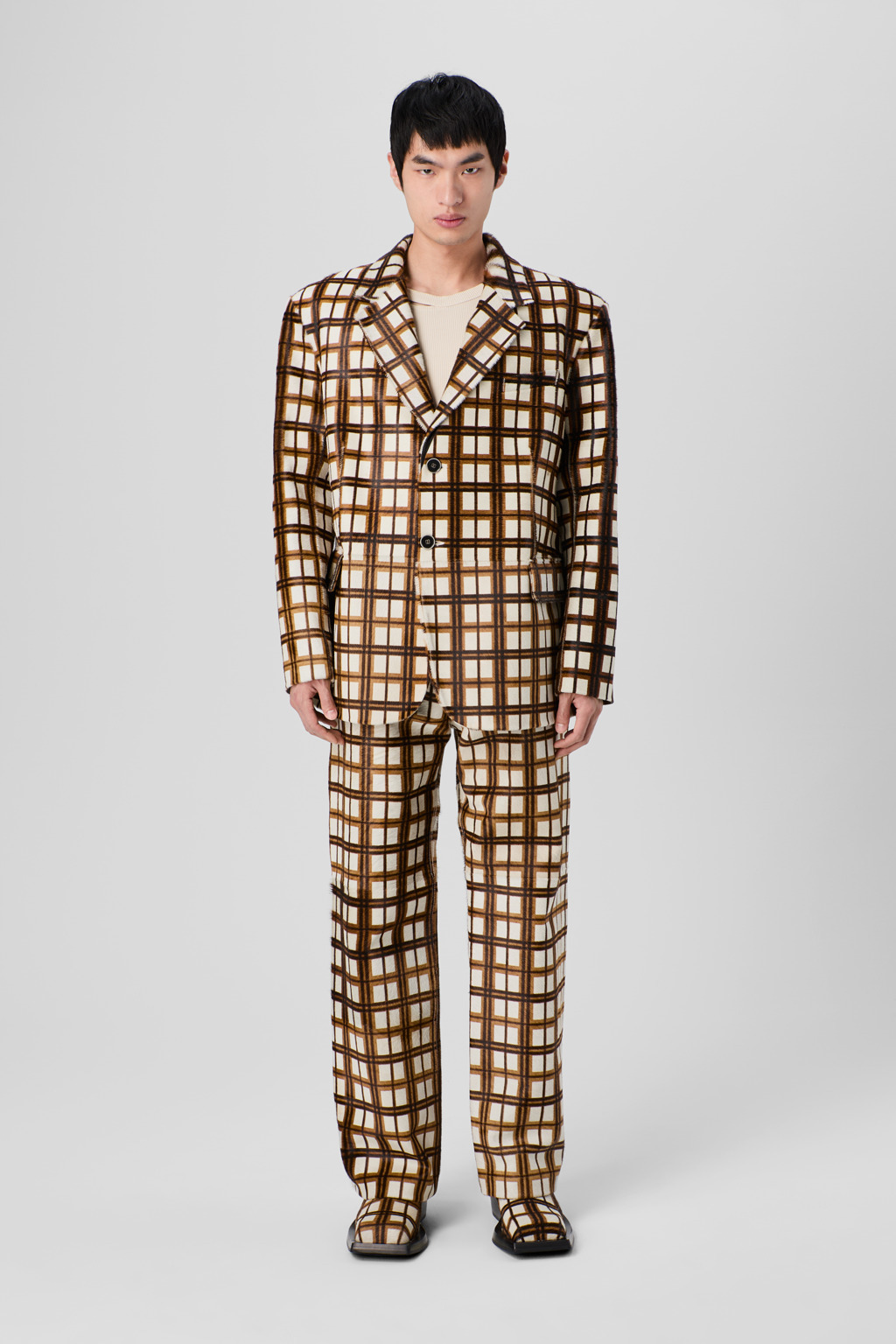 Cream-brown tartan hair-on-leather trousers - 2