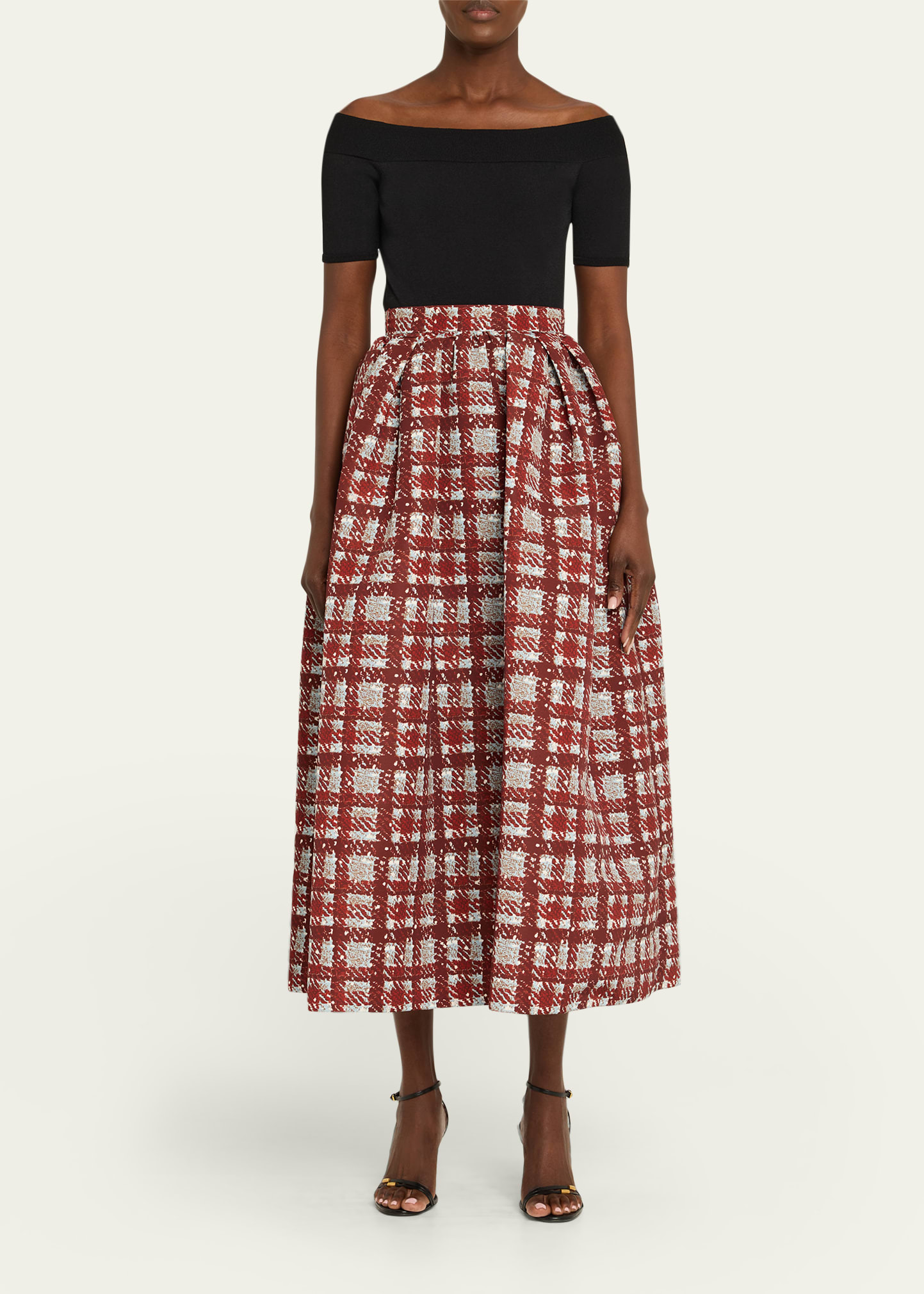Textured Plaid-Print Pleated Midi Circle Skirt - 2