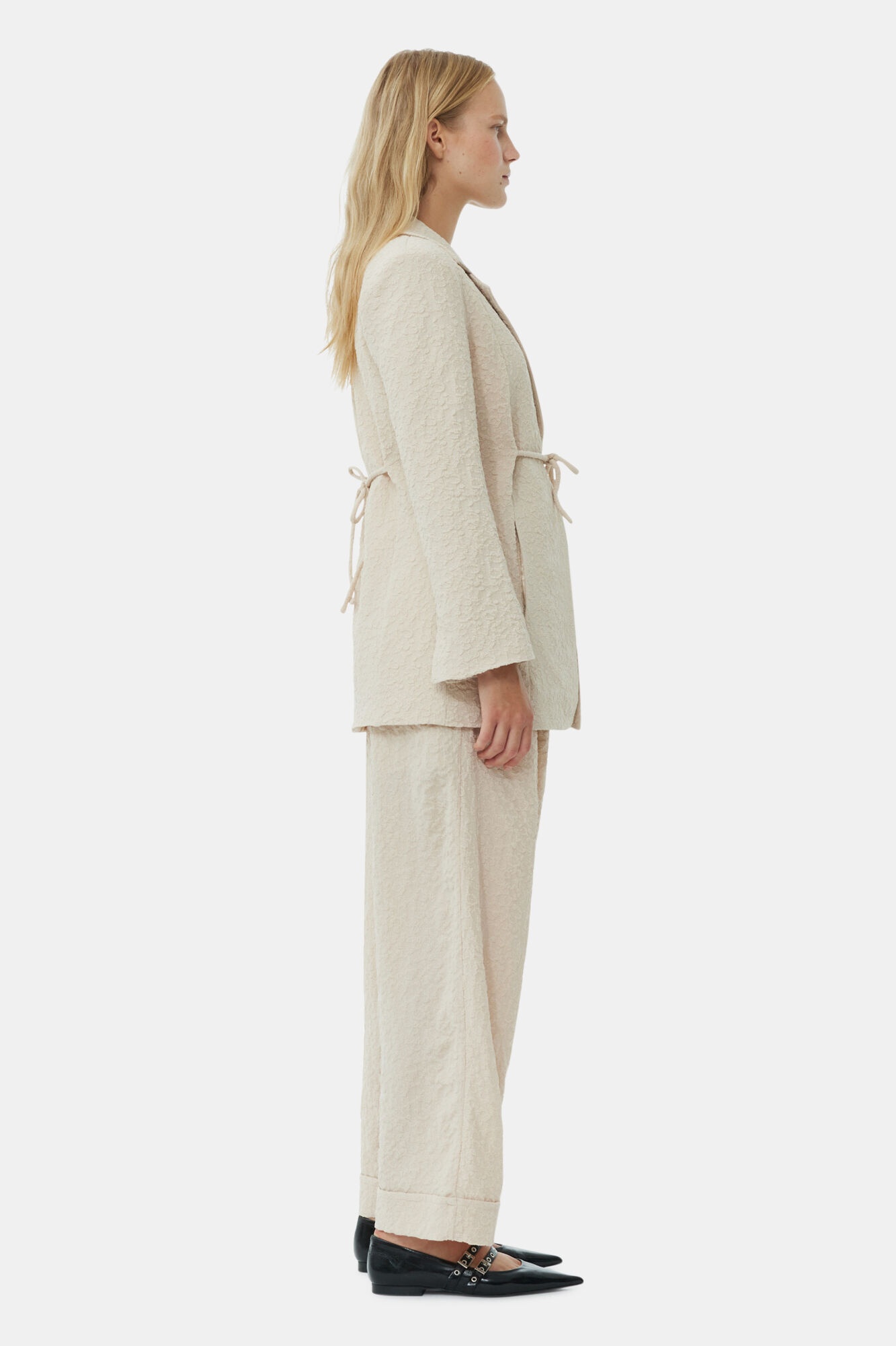 BEIGE TEXTURED SUITING TIE STRING BLAZER - 4