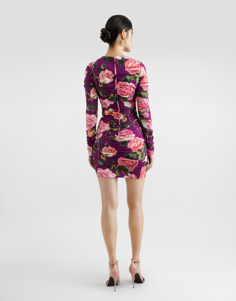 Charmeuse midi sheath dress with draping and rose print 3