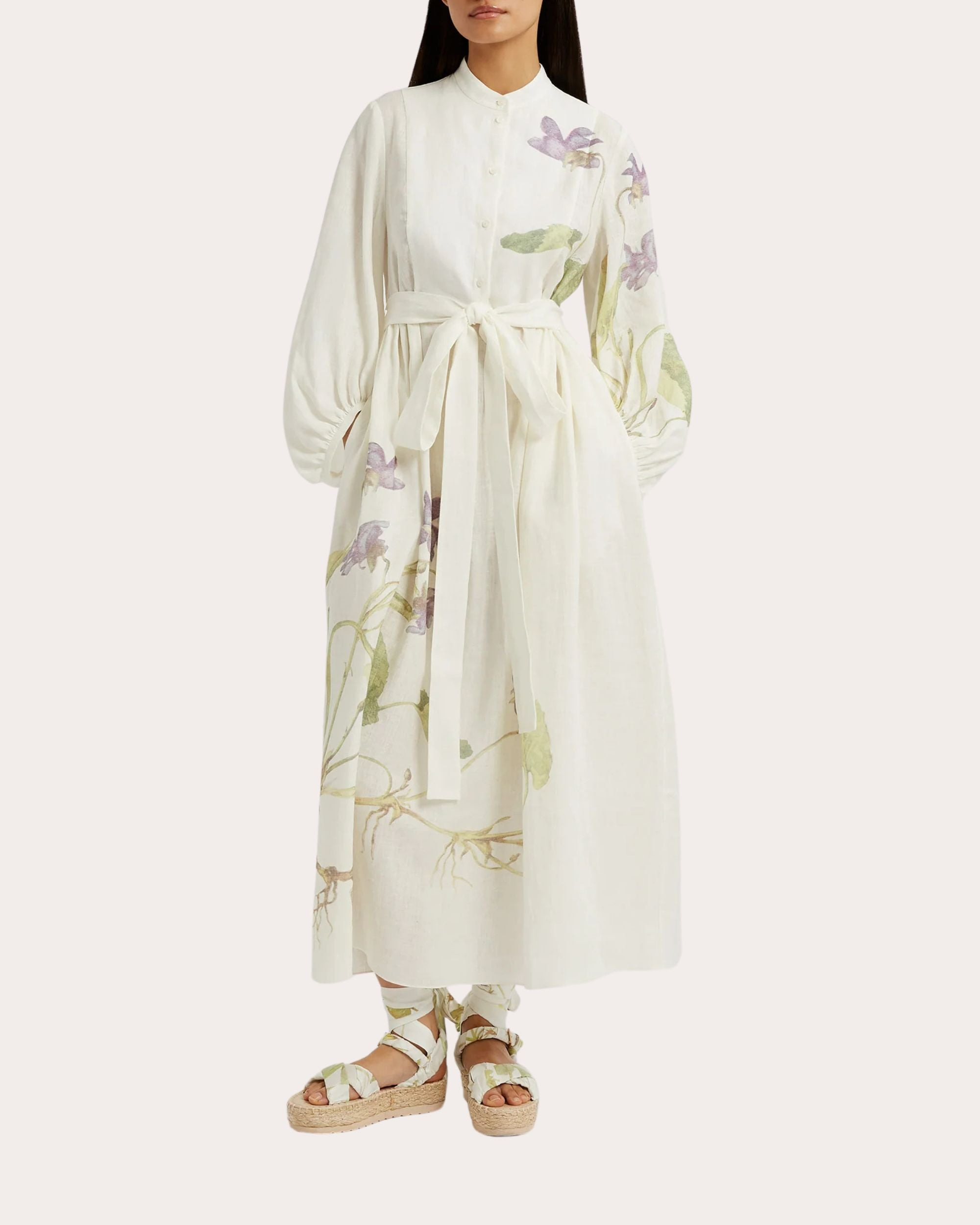 Floral Print Side Tie Linen Midi Dress - 2