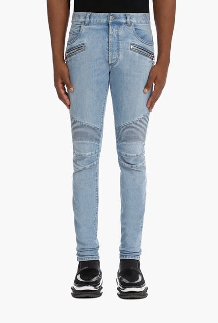 Slim blue cotton jeans with Balmain monogram - 5