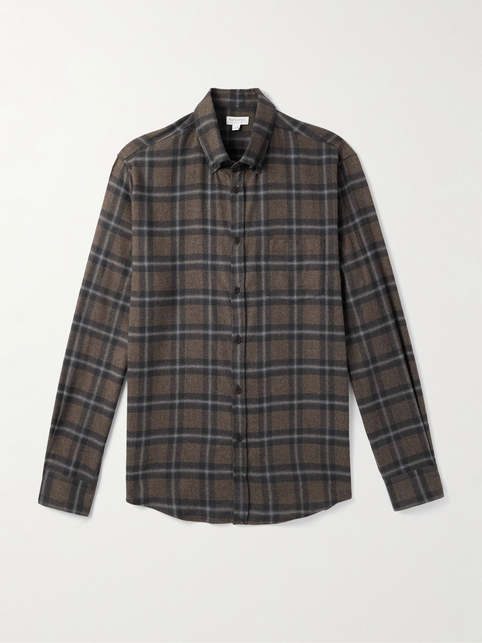 Button-Down Collar Checked Brushed Cotton-Flannel Shirt Brown - 1
